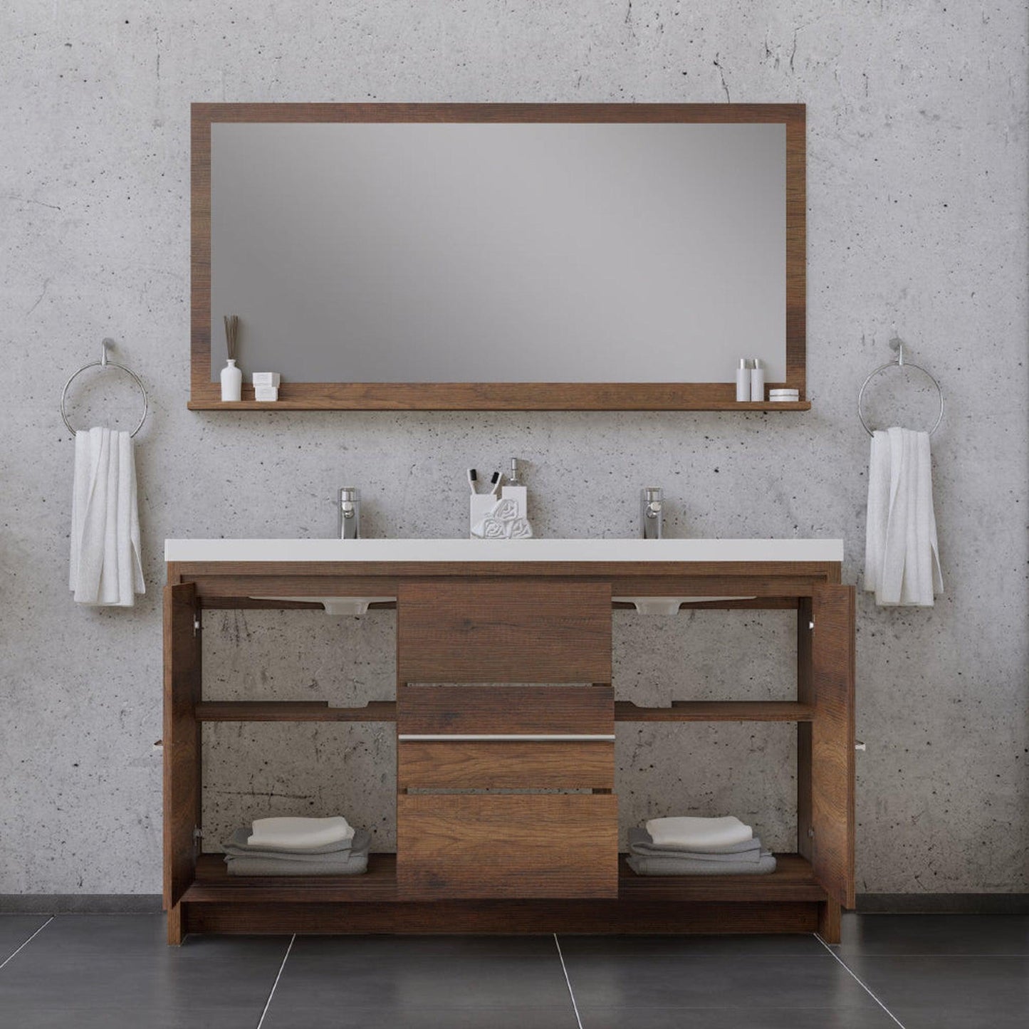 Alya Bath Sortino 60" Double Rosewood  Modern Freestanding Bathroom Vanity With Acrylic Top and Integrated Sink - AB-MD660D-RW