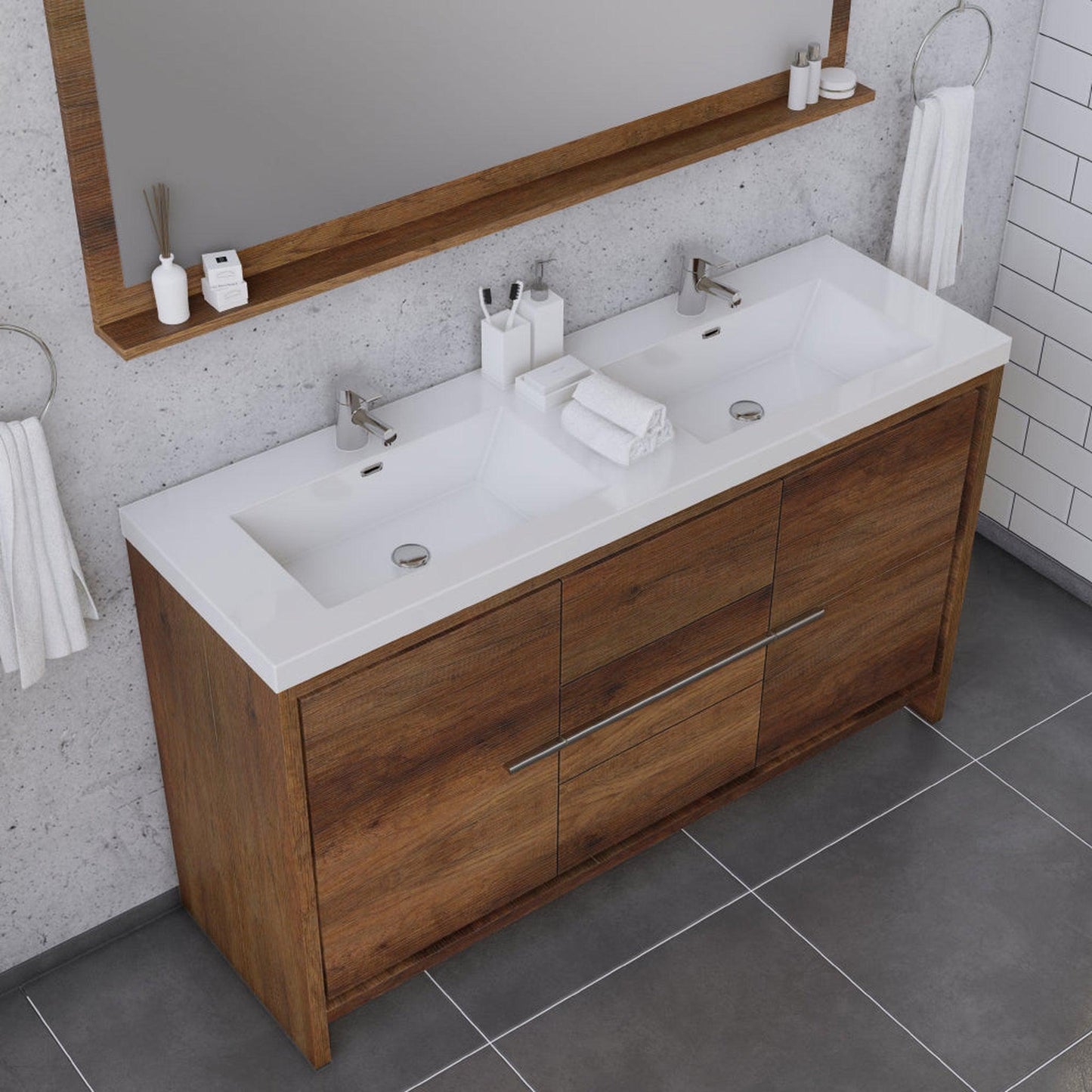 Alya Bath Sortino 60" Double Rosewood  Modern Freestanding Bathroom Vanity With Acrylic Top and Integrated Sink - AB-MD660D-RW