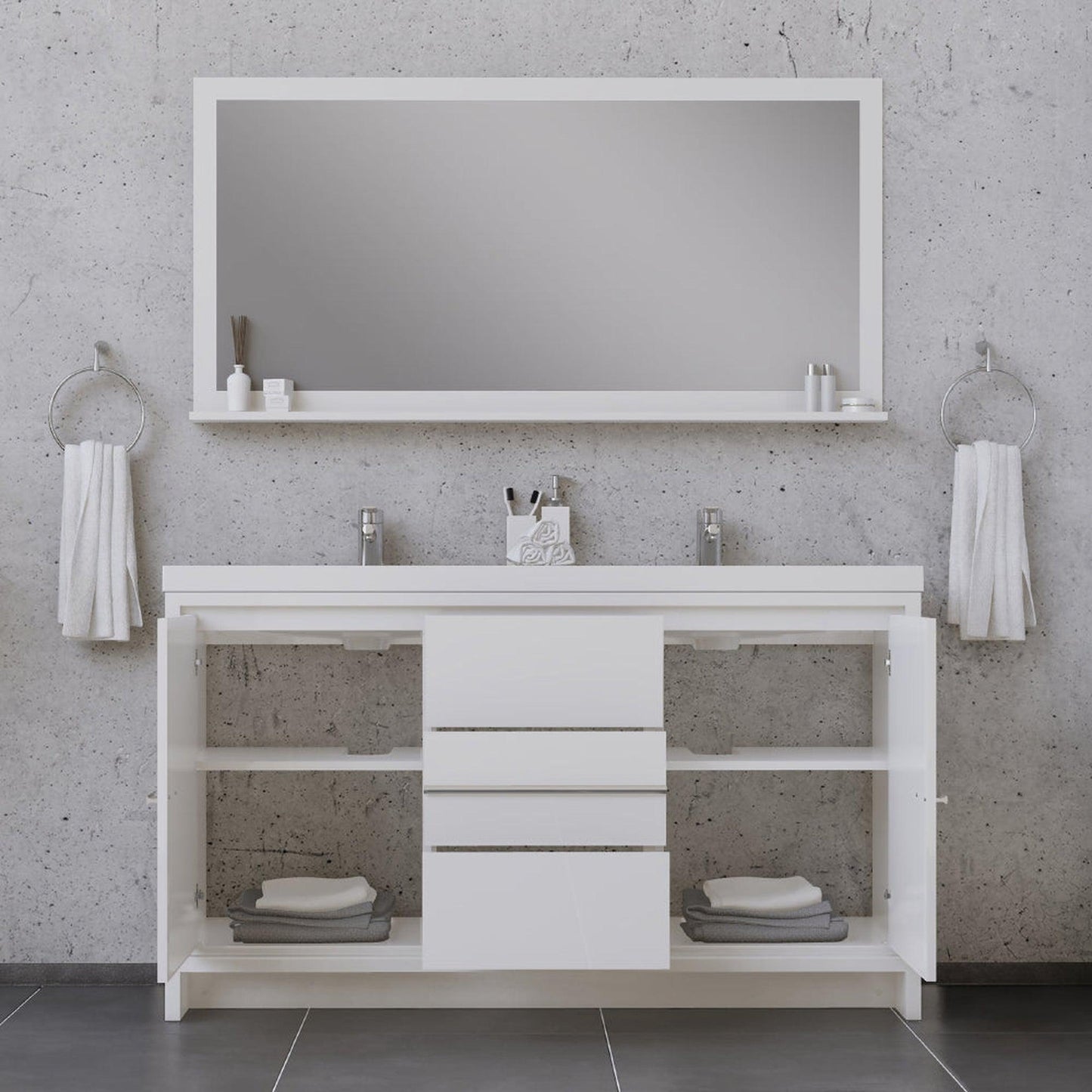 Alya Bath Sortino 60" Double White Modern Freestanding Bathroom Vanity With Acrylic Top and Integrated Sink - AB-MD660D-W