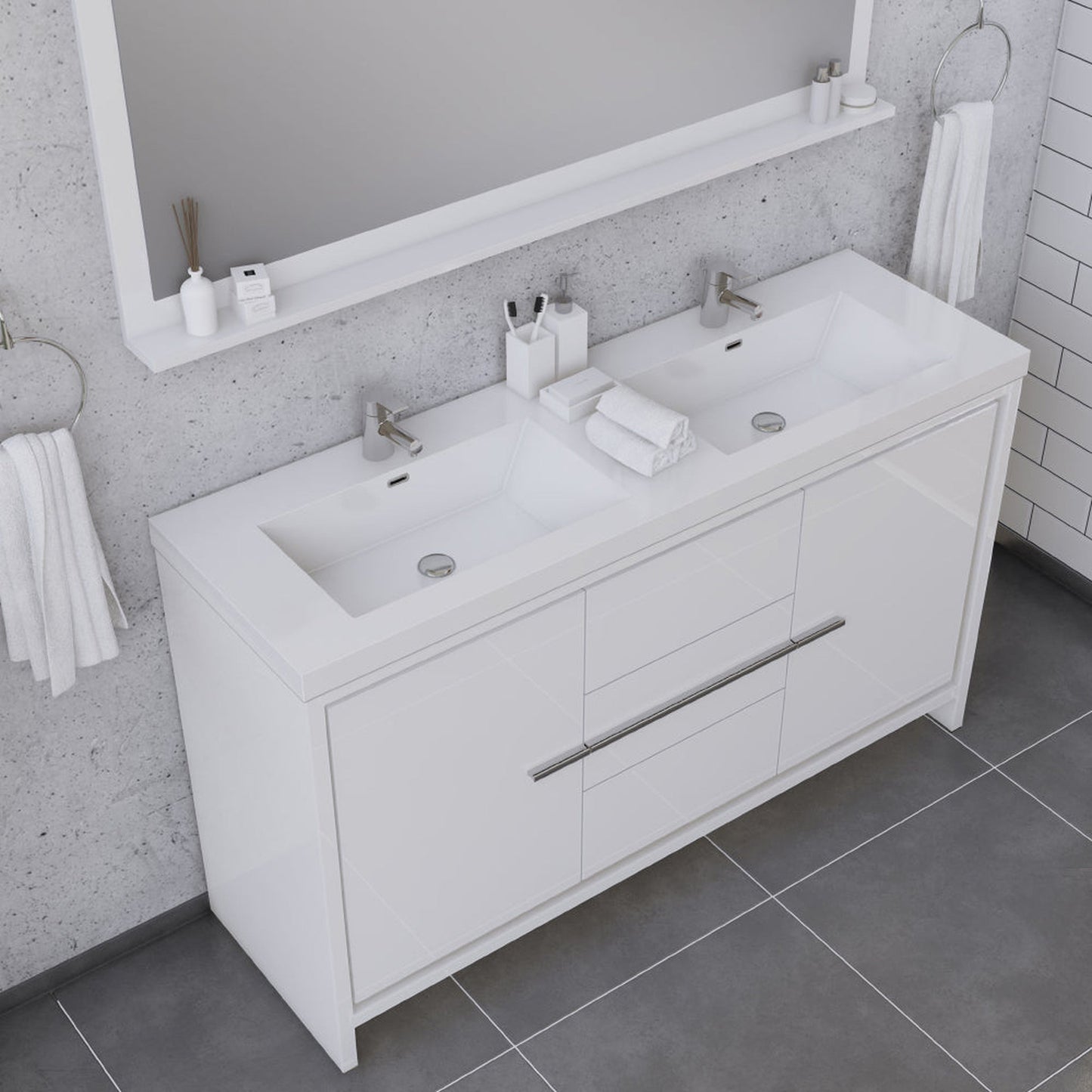 Alya Bath Sortino 60" Double White Modern Freestanding Bathroom Vanity With Acrylic Top and Integrated Sink - AB-MD660D-W