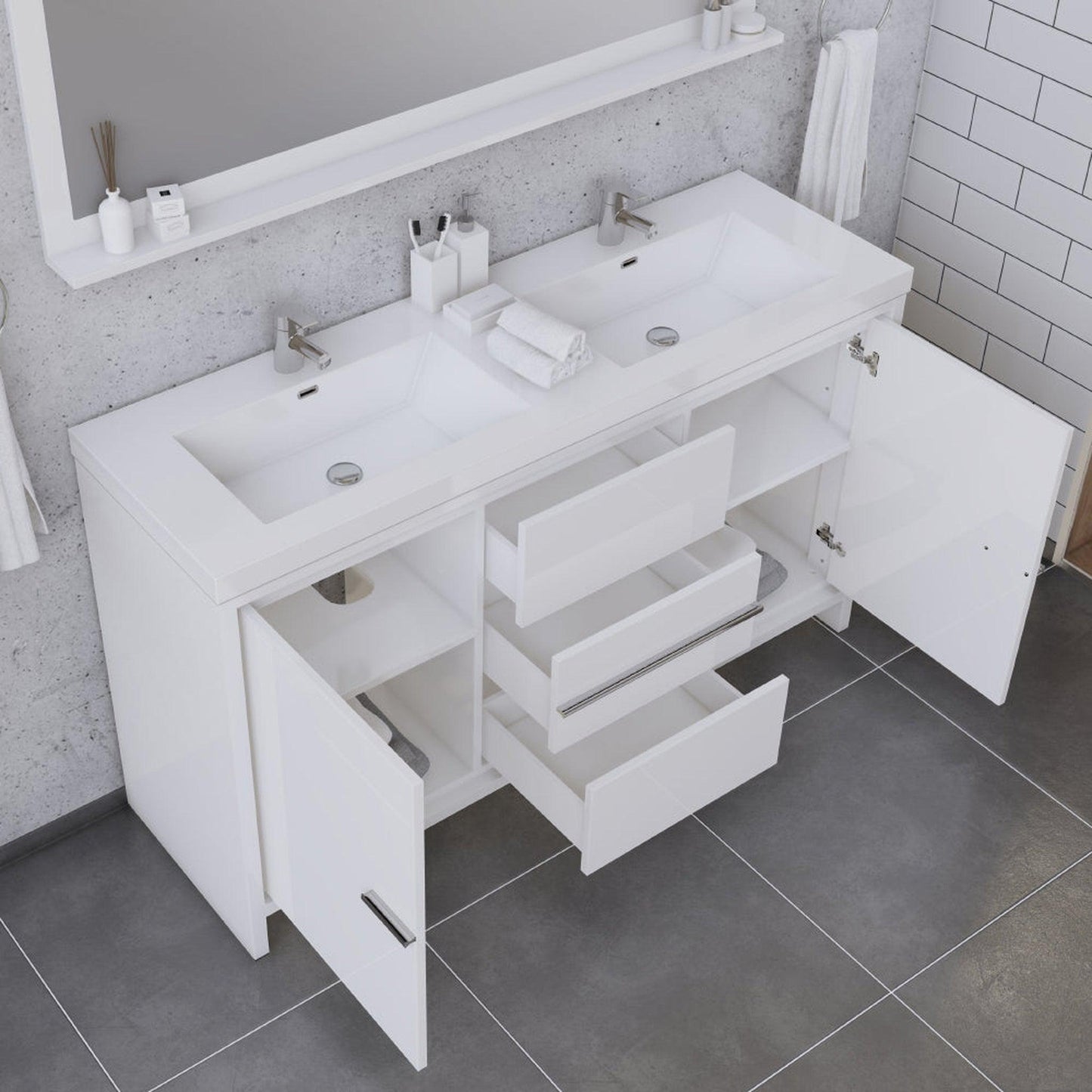 Alya Bath Sortino 60" Double White Modern Freestanding Bathroom Vanity With Acrylic Top and Integrated Sink - AB-MD660D-W