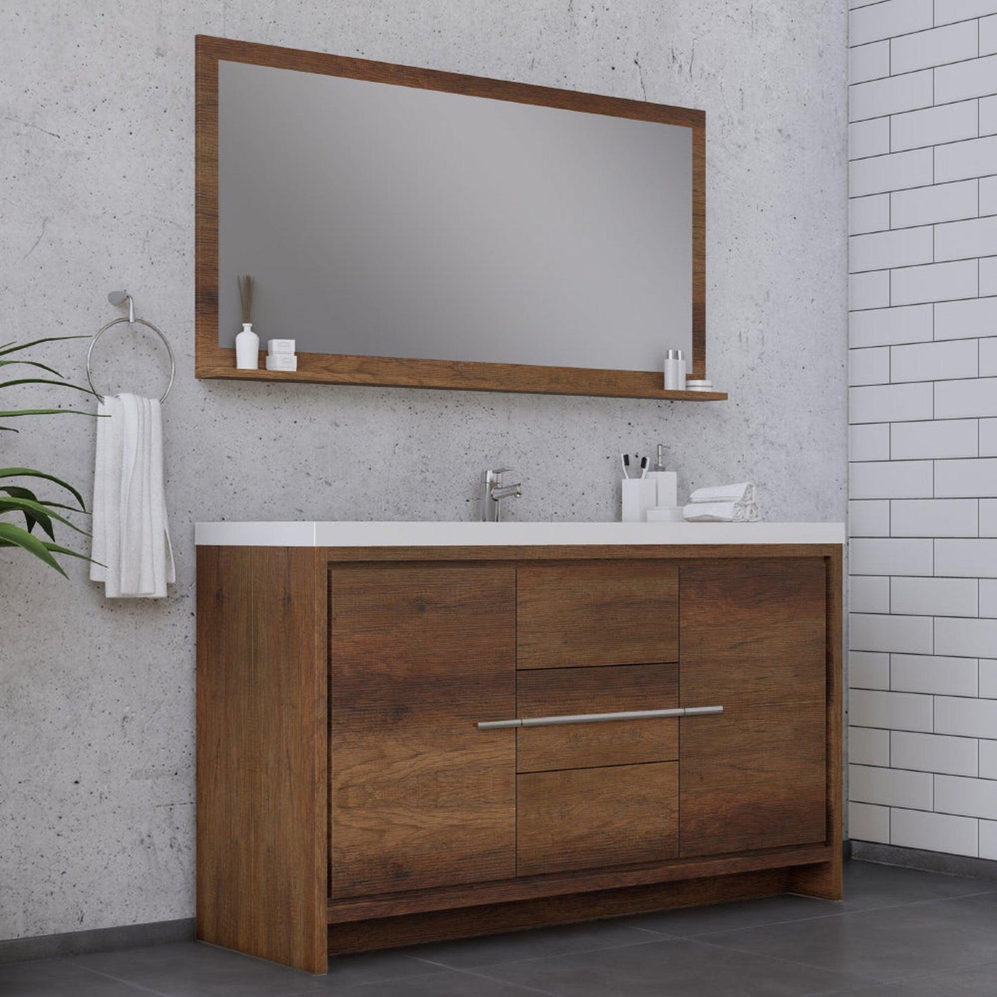Alya Bath Sortino 60" Single Rosewood  Modern Freestanding  Bathroom Vanity With Acrylic Top and Integrated Sink - AB-MD660S-RW