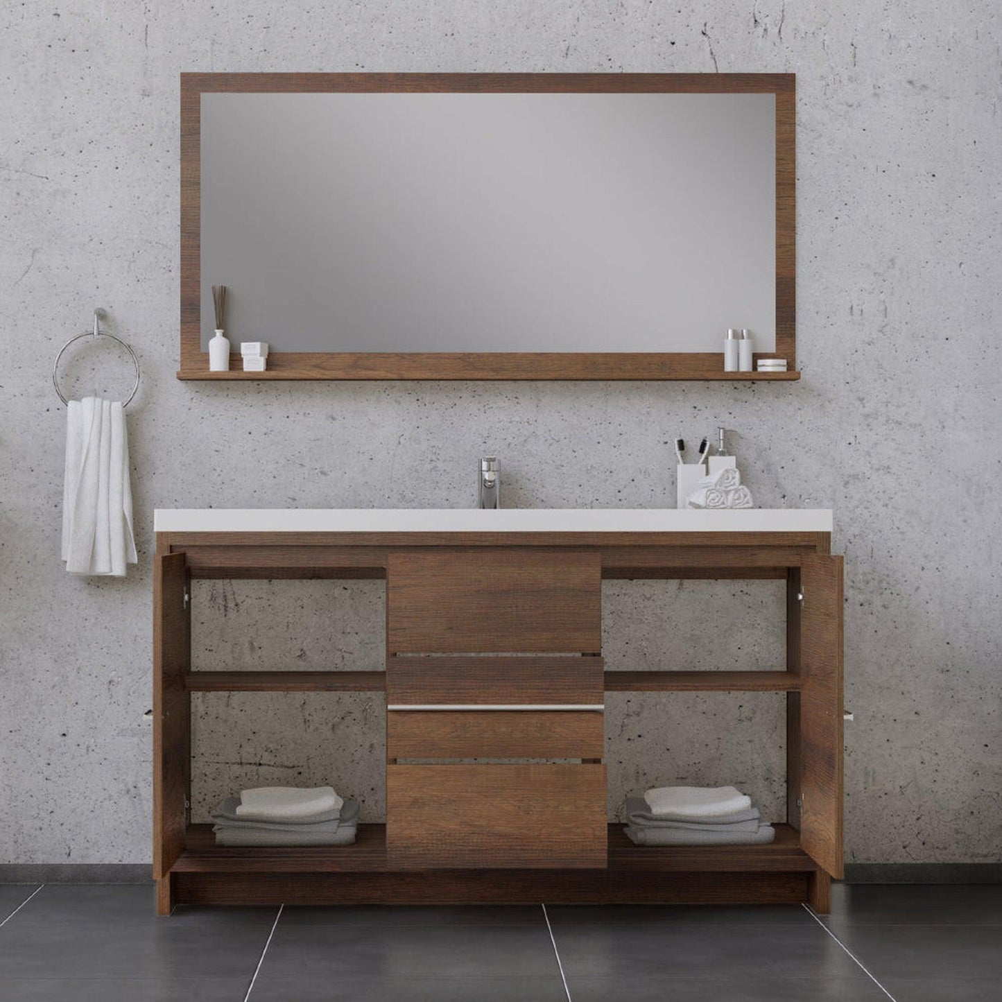 Alya Bath Sortino 60" Single Rosewood  Modern Freestanding  Bathroom Vanity With Acrylic Top and Integrated Sink - AB-MD660S-RW