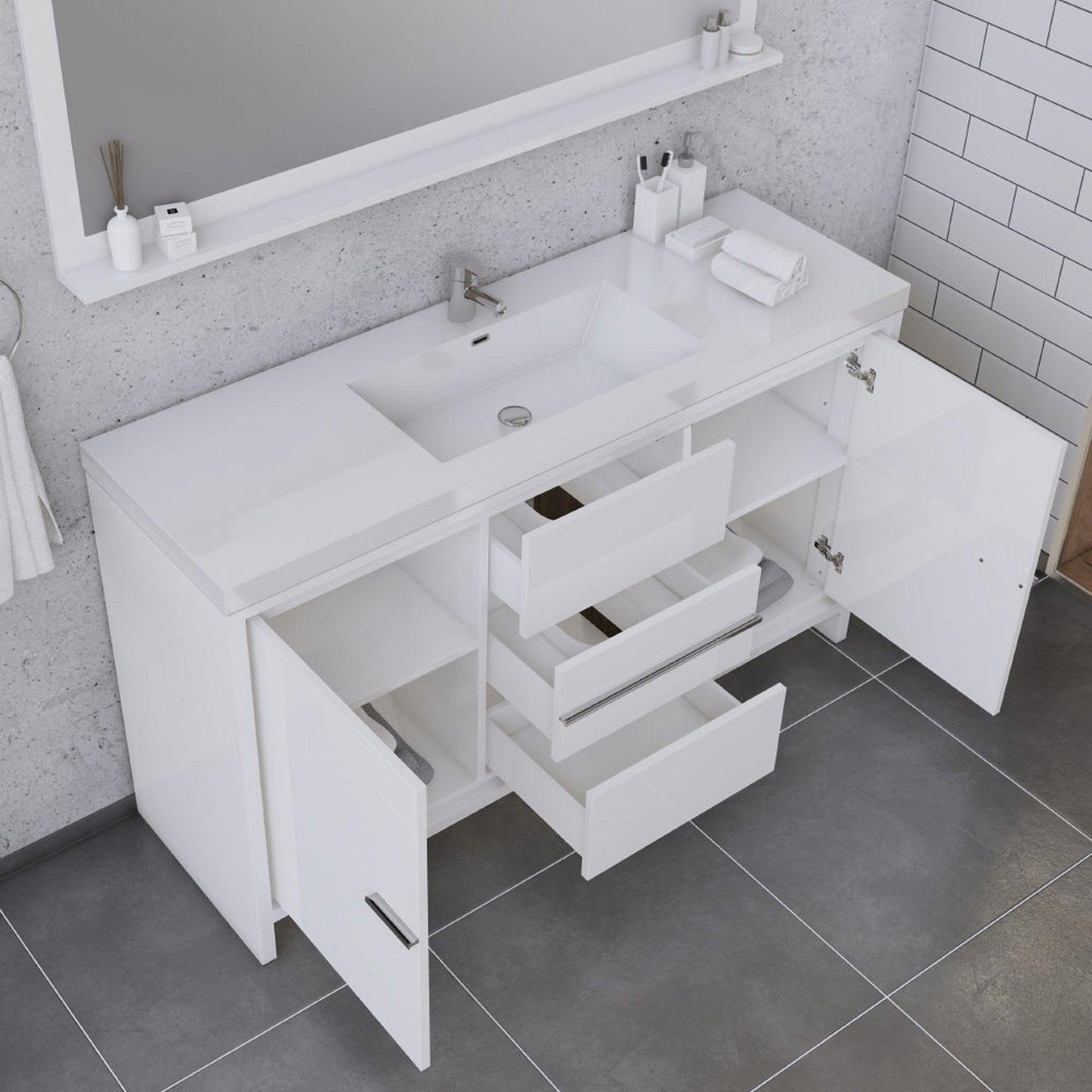 Alya Bath Sortino 60" Single White Modern Freestanding  Bathroom Vanity With Acrylic Top and Integrated Sink - AB-MD660S-W