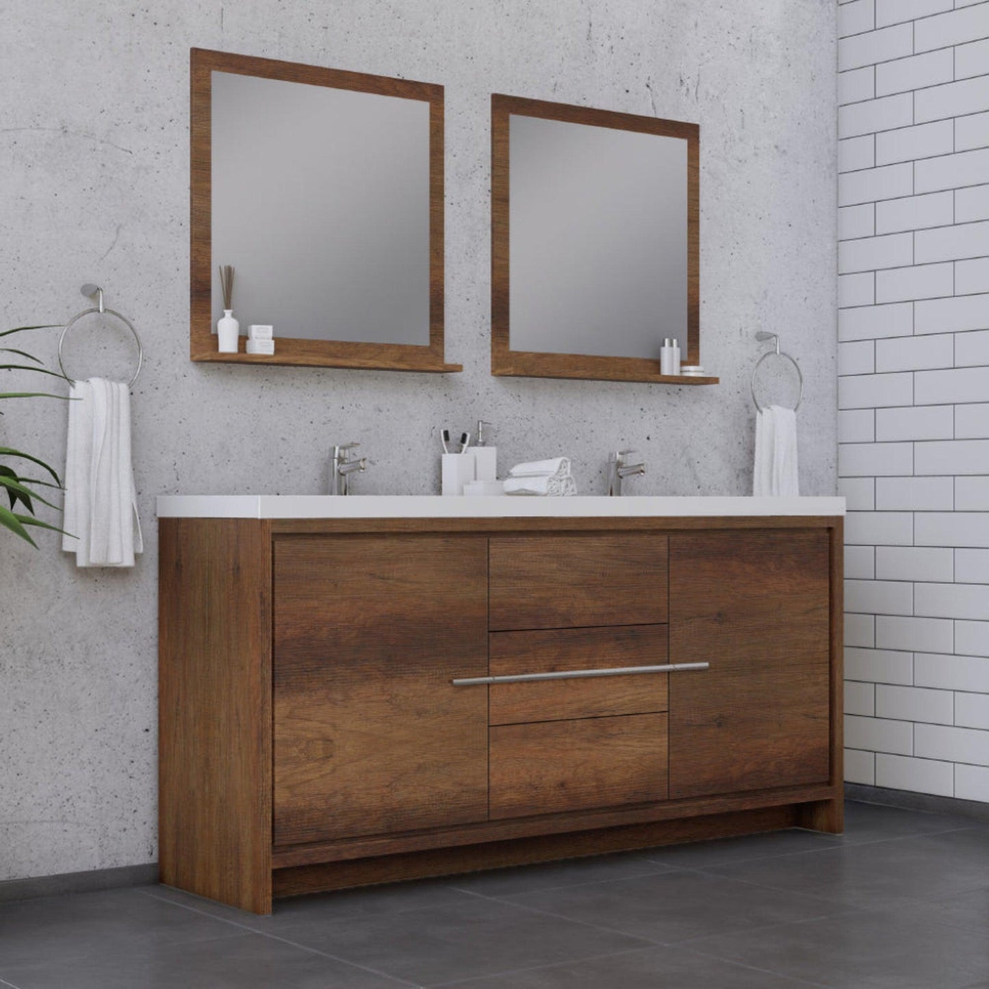 Alya Bath Sortino 72" Double Rosewood  Modern Freestanding  Bathroom Vanity With Acrylic Top and Integrated Sink - AB-MD672-RW