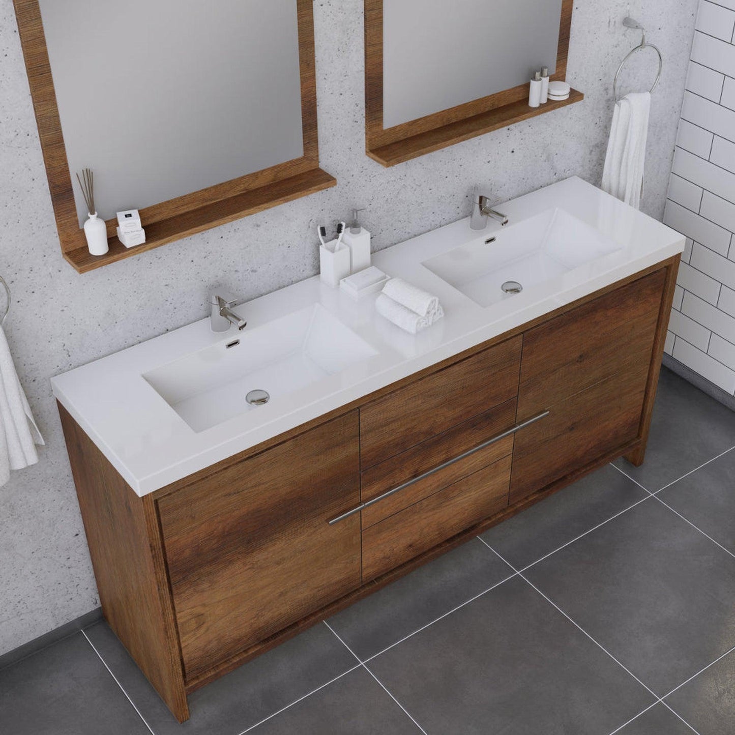 Alya Bath Sortino 72" Double Rosewood  Modern Freestanding  Bathroom Vanity With Acrylic Top and Integrated Sink - AB-MD672-RW