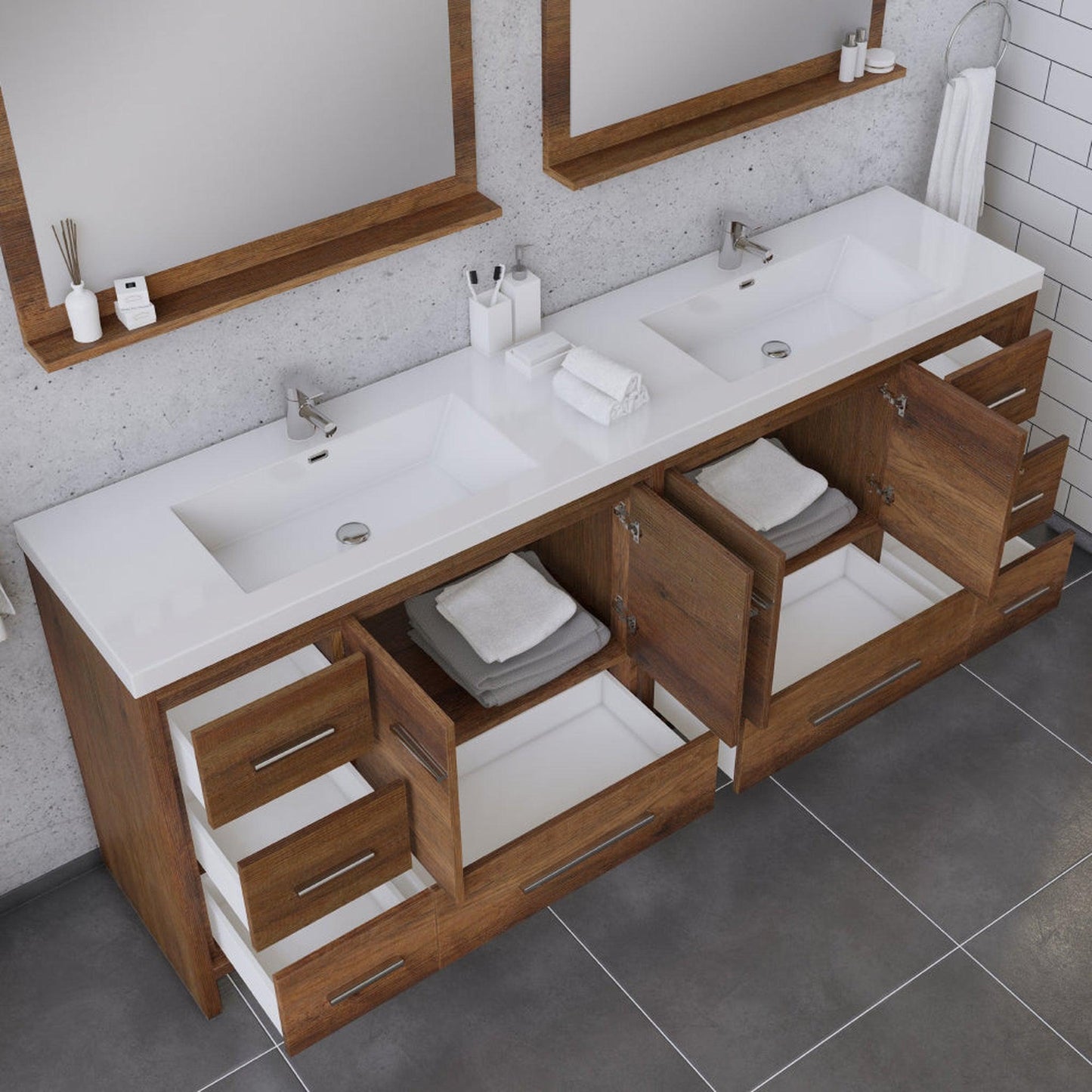 Alya Bath Sortino 84" Double Rosewood  Modern Freestanding  Bathroom Vanity With Acrylic Top and Integrated Sink - AB-MD684-RW