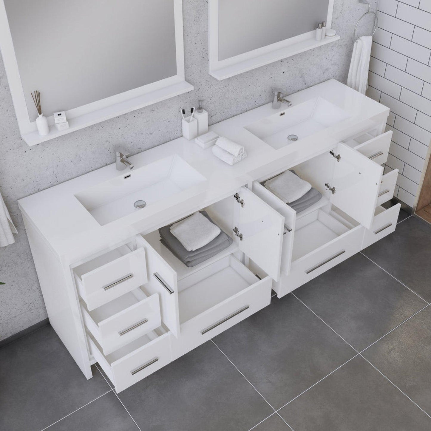 Alya Bath Sortino 84" Double White Modern Freestanding  Bathroom Vanity With Acrylic Top and Integrated Sink - AB-MD684-W
