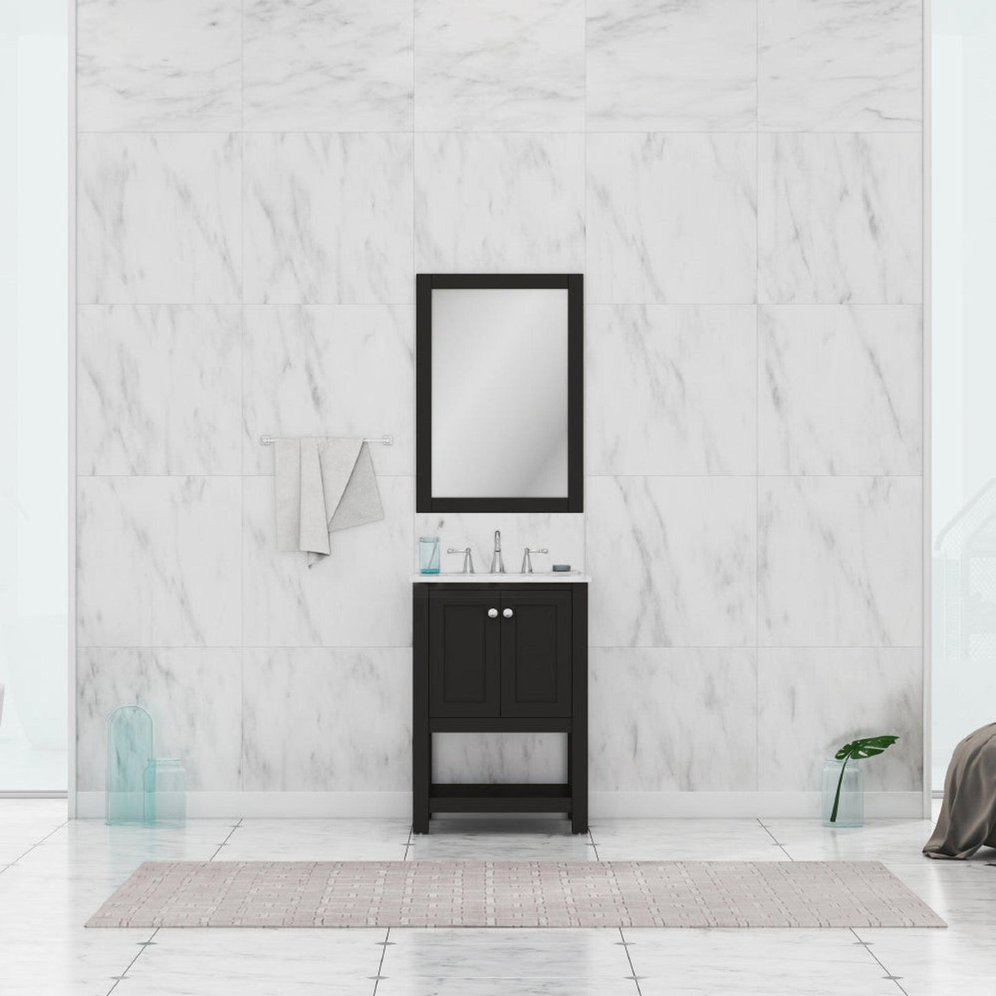 Alya Bath Wilmington 24" Single Espresso Freestanding Single Bathroom Vanity With Carrara Marble Top, Ceramic Sink and Wall Mounted Mirror - HE-102-24-E-CWMT+HE-101/102-24-E-M