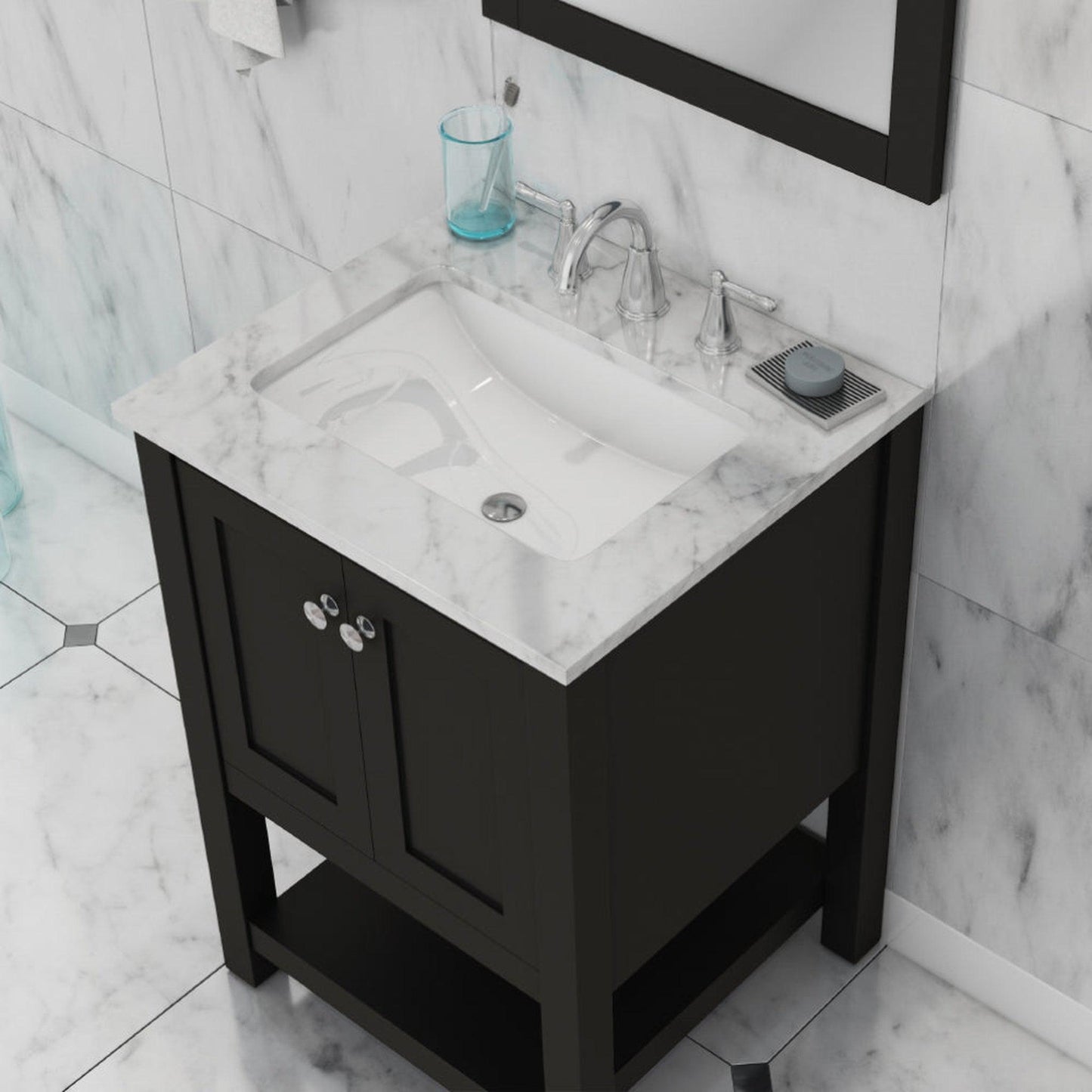 Alya Bath Wilmington 24" Single Espresso Freestanding Single Bathroom Vanity With Carrara Marble Top, Ceramic Sink and Wall Mounted Mirror - HE-102-24-E-CWMT+HE-101/102-24-E-M
