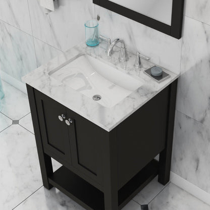 Alya Bath Wilmington 24" Single Espresso Freestanding Single Bathroom Vanity With Carrara Marble Top, Ceramic Sink and Wall Mounted Mirror - HE-102-24-E-CWMT+HE-101/102-24-E-M