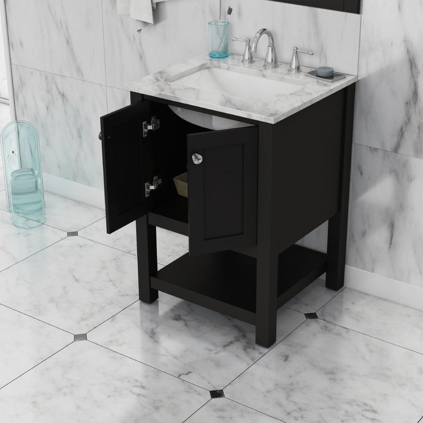 Alya Bath Wilmington 24" Single Espresso Freestanding Single Bathroom Vanity With Carrara Marble Top, Ceramic Sink and Wall Mounted Mirror - HE-102-24-E-CWMT+HE-101/102-24-E-M