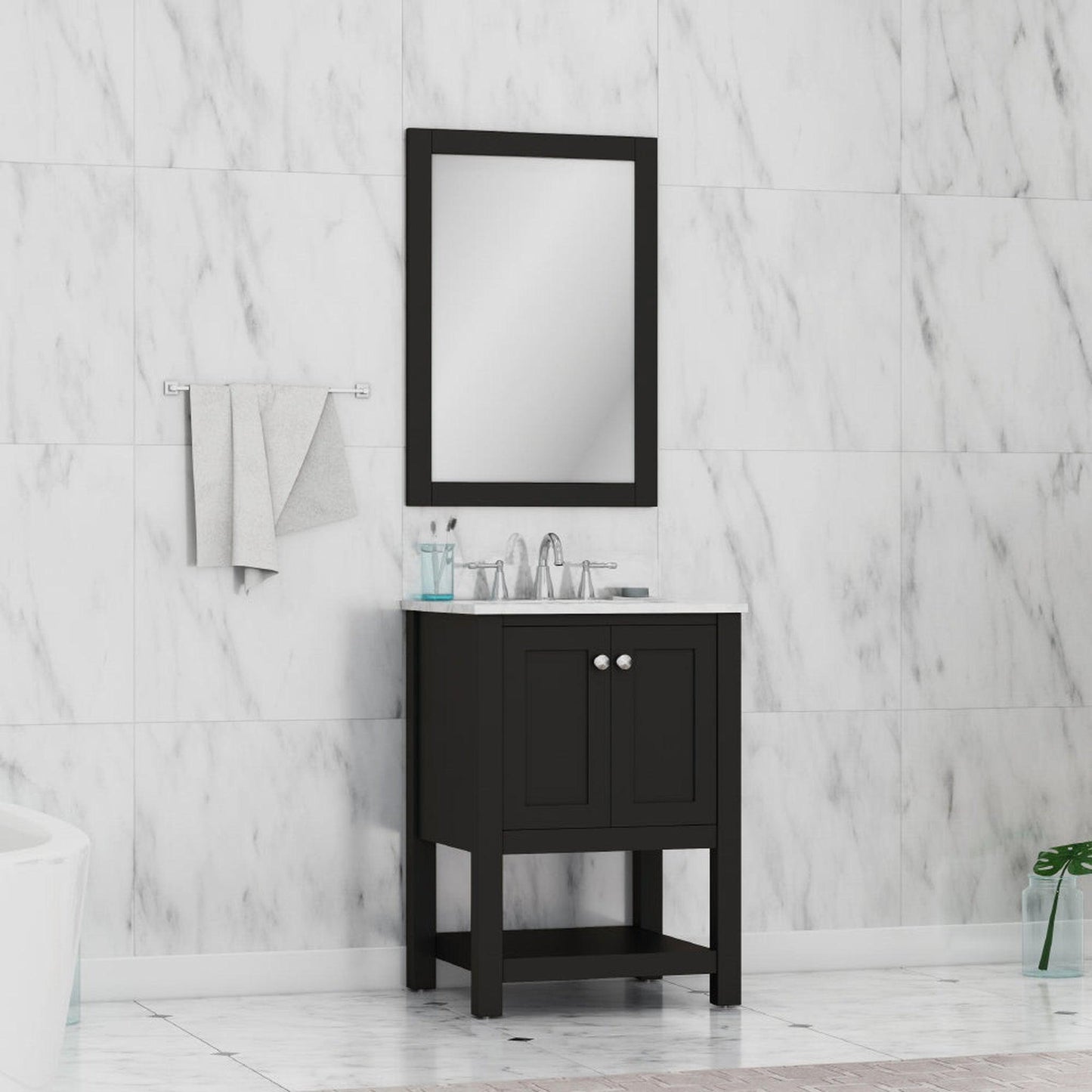 Alya Bath Wilmington 24" Single Espresso Freestanding Single Bathroom Vanity With Carrara Marble Top, Ceramic Sink and Wall Mounted Mirror - HE-102-24-E-CWMT+HE-101/102-24-E-M