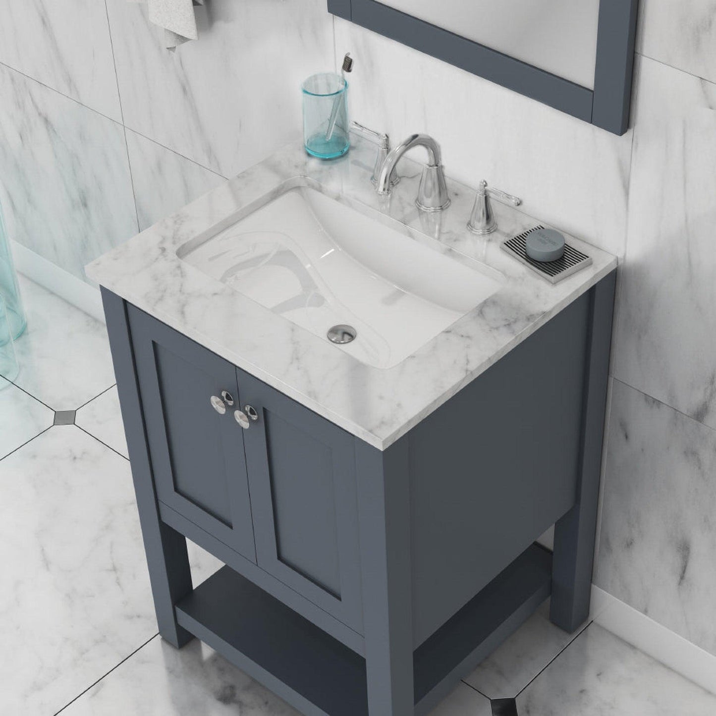 Alya Bath Wilmington 24" Single Gray Freestanding  Bathroom Vanity With Carrara Marble Top, Ceramic Sink and Wall Mounted Mirror - HE-102-24-G-CWMT+HE-101/102-24-G-M
