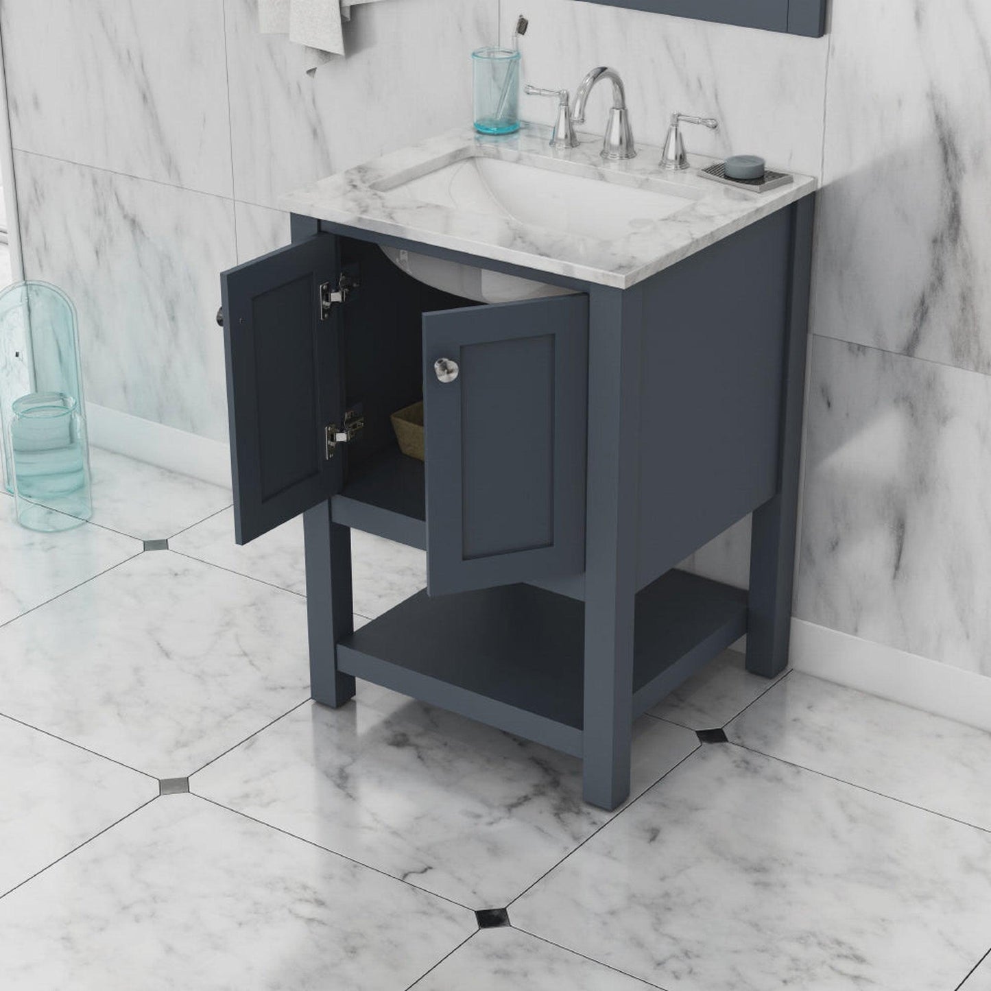 Alya Bath Wilmington 24" Single Gray Freestanding  Bathroom Vanity With Carrara Marble Top, Ceramic Sink and Wall Mounted Mirror - HE-102-24-G-CWMT+HE-101/102-24-G-M