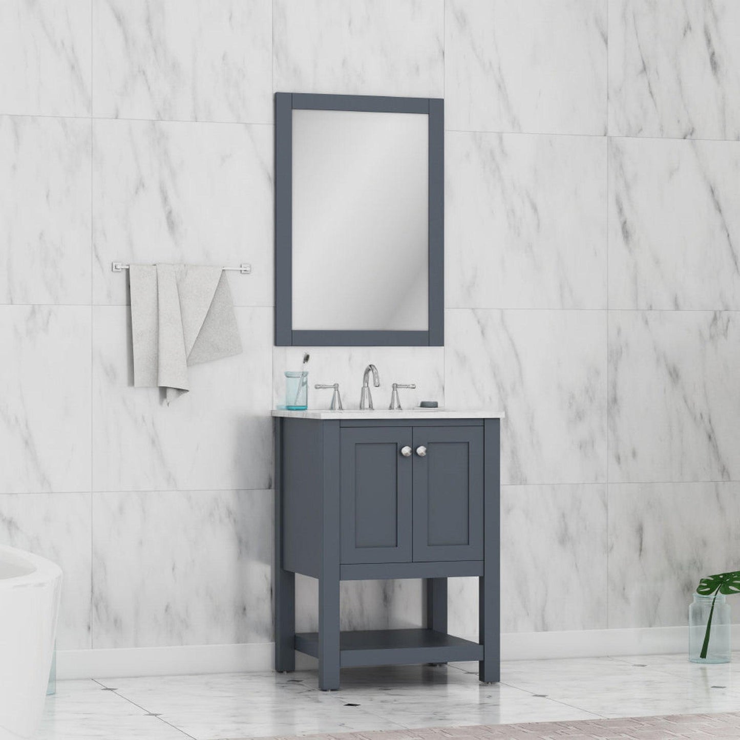 Alya Bath Wilmington 24" Single Gray Freestanding  Bathroom Vanity With Carrara Marble Top, Ceramic Sink and Wall Mounted Mirror - HE-102-24-G-CWMT+HE-101/102-24-G-M