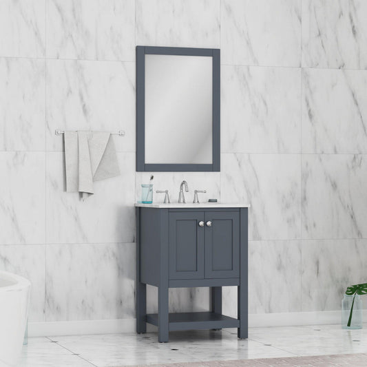 Alya Bath Wilmington 24" Single Gray Freestanding  Bathroom Vanity With Carrara Marble Top, Ceramic Sink and Wall Mounted Mirror - HE-102-24-G-CWMT+HE-101/102-24-G-M