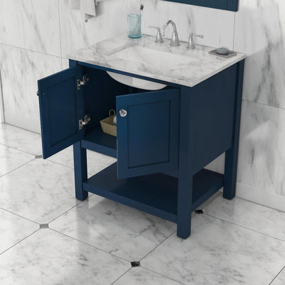 Alya Bath Wilmington 30" Single Blue Freestanding  Bathroom Vanity With Carrara Marble Top, Ceramic Sink and Wall Mounted Mirror - HE-102-30-B-CWMT+HE-101/102-30-B-M