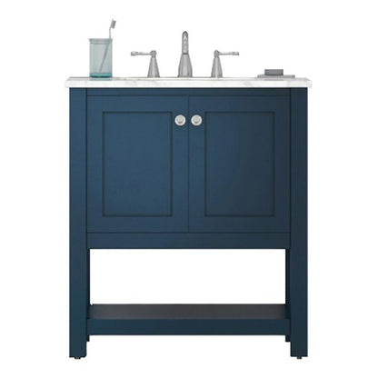 Alya Bath Wilmington 30" Single Blue Freestanding  Bathroom Vanity With Carrara Marble Top, Ceramic Sink and Wall Mounted Mirror - HE-102-30-B-CWMT+HE-101/102-30-B-M