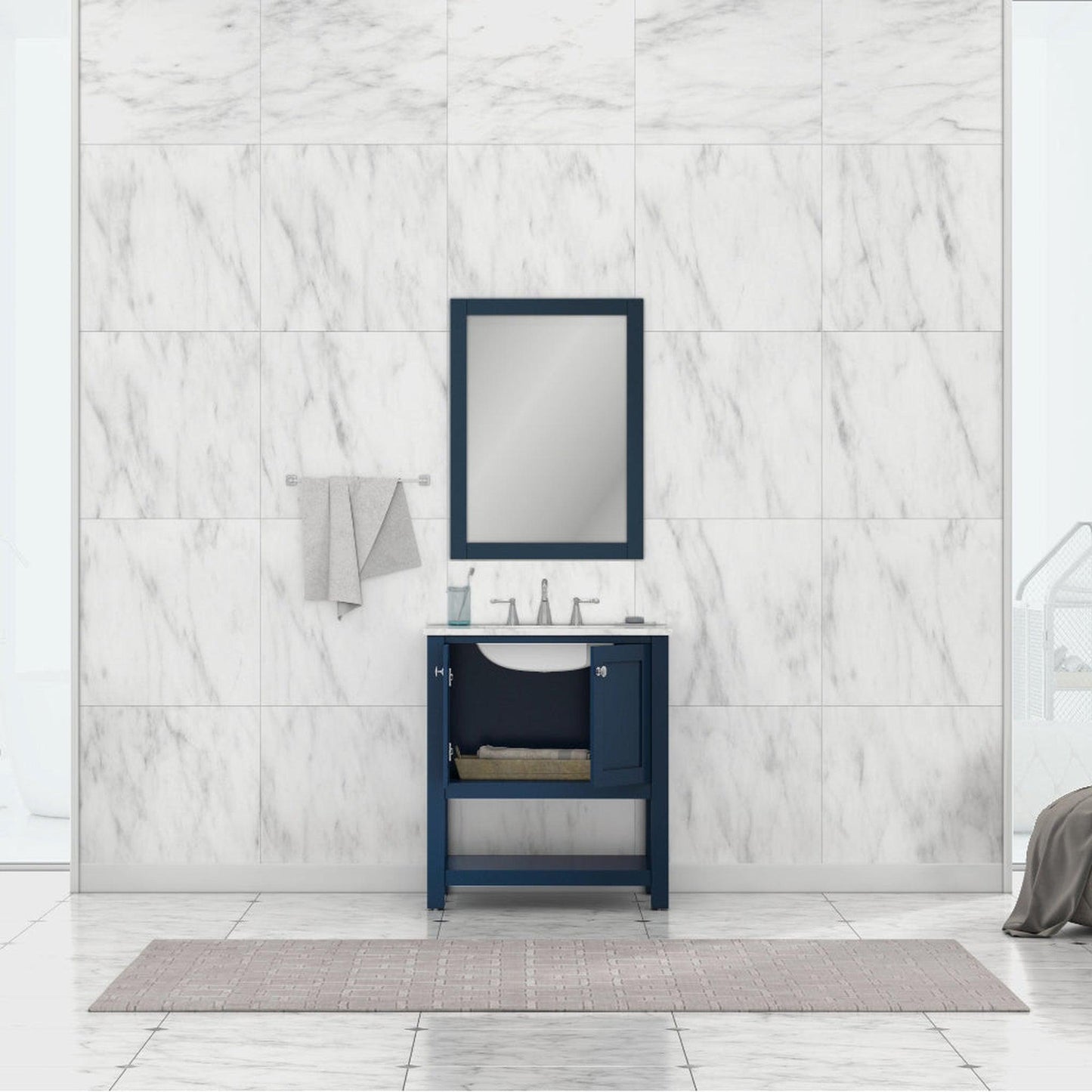 Alya Bath Wilmington 30" Single Blue Freestanding  Bathroom Vanity With Carrara Marble Top, Ceramic Sink and Wall Mounted Mirror - HE-102-30-B-CWMT+HE-101/102-30-B-M