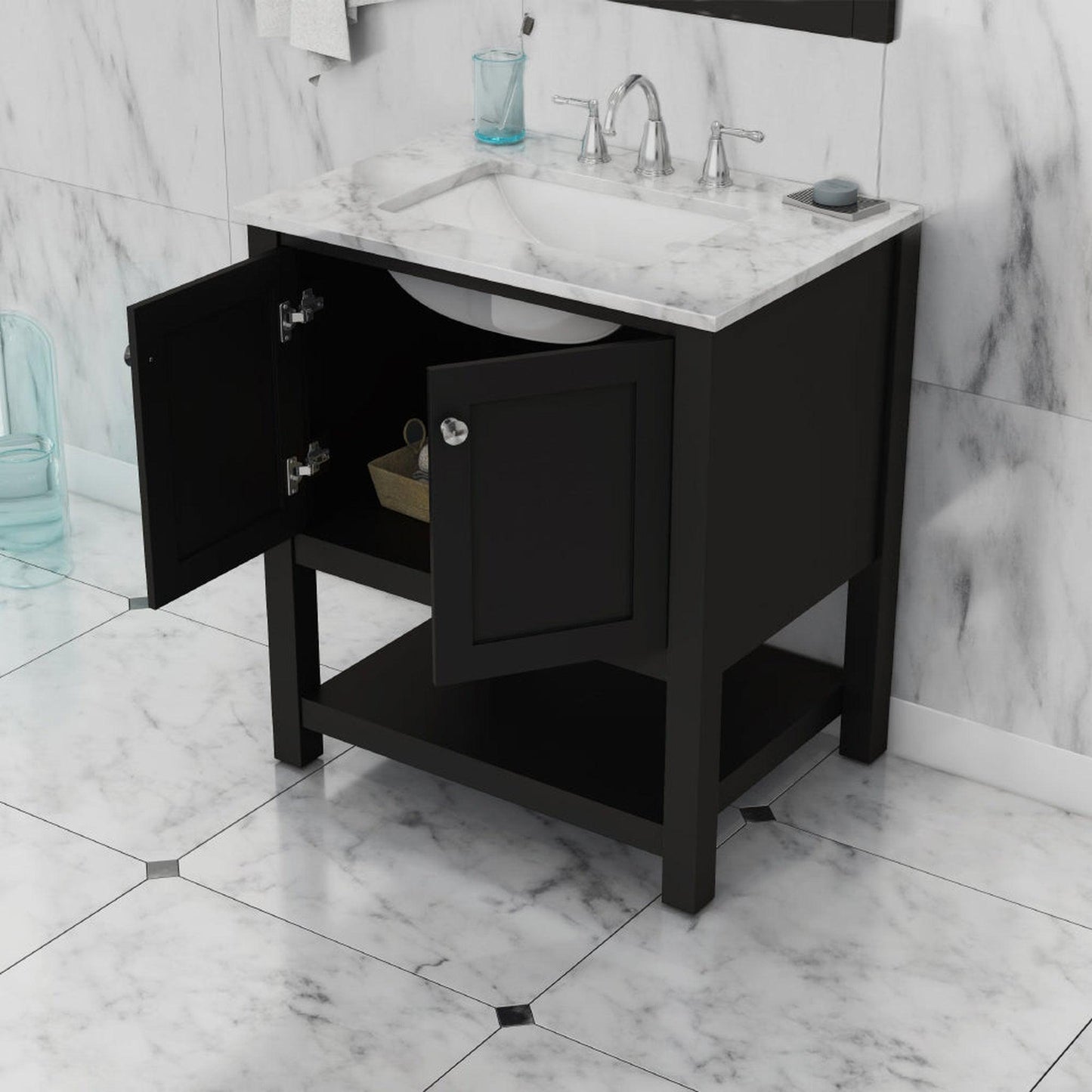 Alya Bath Wilmington 30" Single Espresso Freestanding  Bathroom Vanity With Carrara Marble Top, Ceramic Sink And Wall Mounted Mirror - HE-102-30-E-CWMT+HE-101/102-30-E-M
