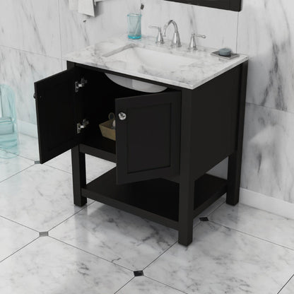 Alya Bath Wilmington 30" Single Espresso Freestanding  Bathroom Vanity With Carrara Marble Top, Ceramic Sink And Wall Mounted Mirror - HE-102-30-E-CWMT+HE-101/102-30-E-M