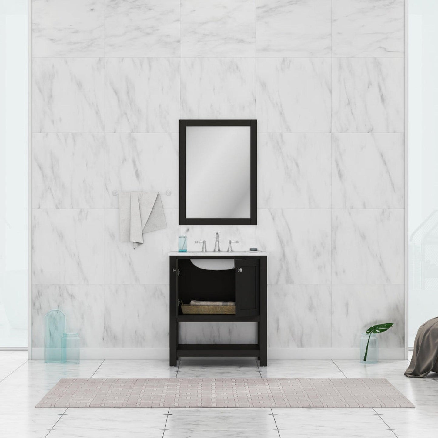 Alya Bath Wilmington 30" Single Espresso Freestanding  Bathroom Vanity With Carrara Marble Top, Ceramic Sink And Wall Mounted Mirror - HE-102-30-E-CWMT+HE-101/102-30-E-M