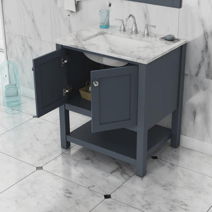 Alya Bath Wilmington 30" Single Gray Freestanding  Bathroom Vanity With Carrara Marble Top, Ceramic Sink and Wall Mounted Mirror - HE-102-30-G-CWMT+HE-101/102-30-G-M