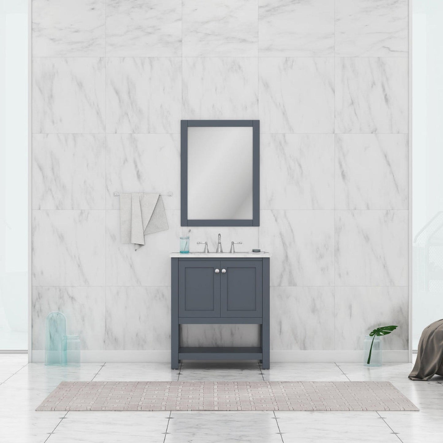 Alya Bath Wilmington 30" Single Gray Freestanding  Bathroom Vanity With Carrara Marble Top, Ceramic Sink and Wall Mounted Mirror - HE-102-30-G-CWMT+HE-101/102-30-G-M