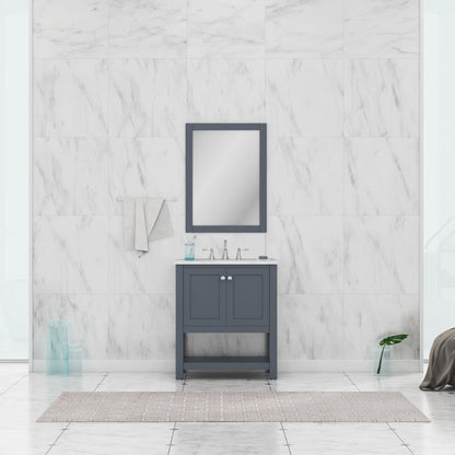 Alya Bath Wilmington 30" Single Gray Freestanding  Bathroom Vanity With Carrara Marble Top, Ceramic Sink and Wall Mounted Mirror - HE-102-30-G-CWMT+HE-101/102-30-G-M