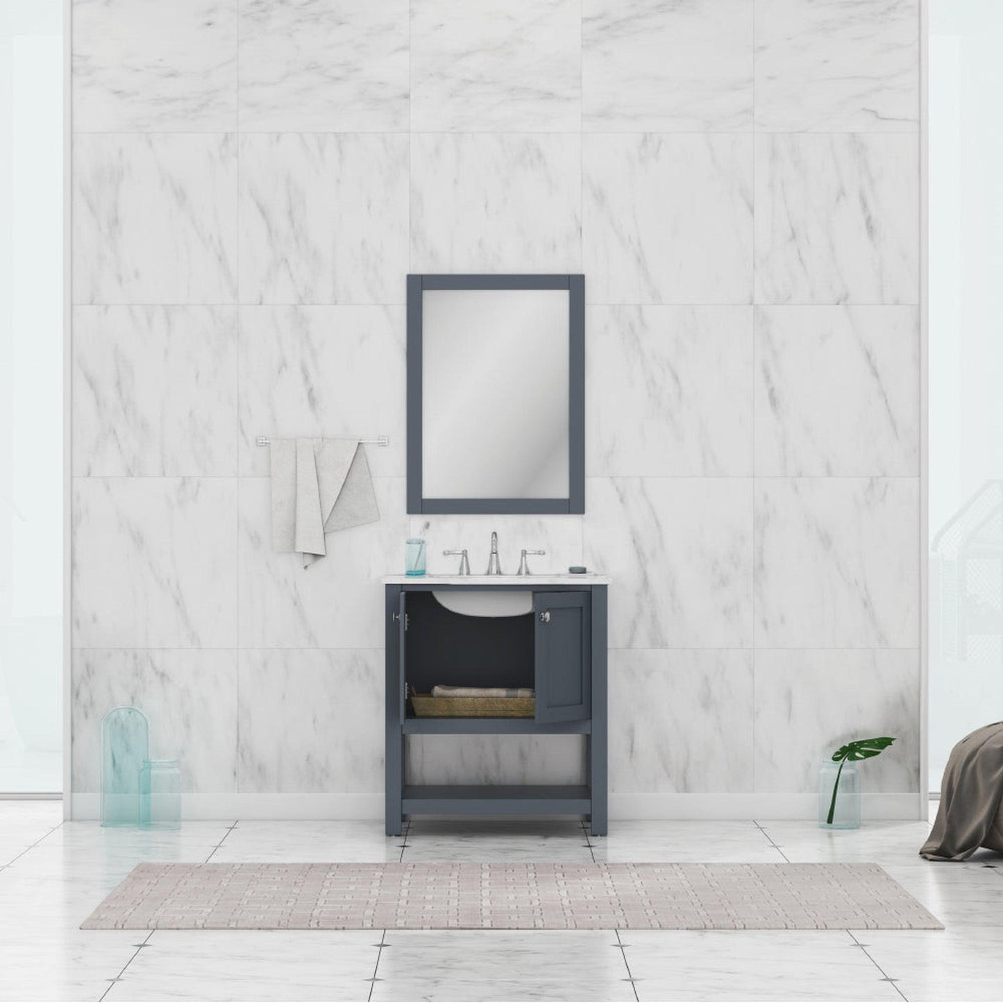 Alya Bath Wilmington 30" Single Gray Freestanding  Bathroom Vanity With Carrara Marble Top, Ceramic Sink and Wall Mounted Mirror - HE-102-30-G-CWMT+HE-101/102-30-G-M