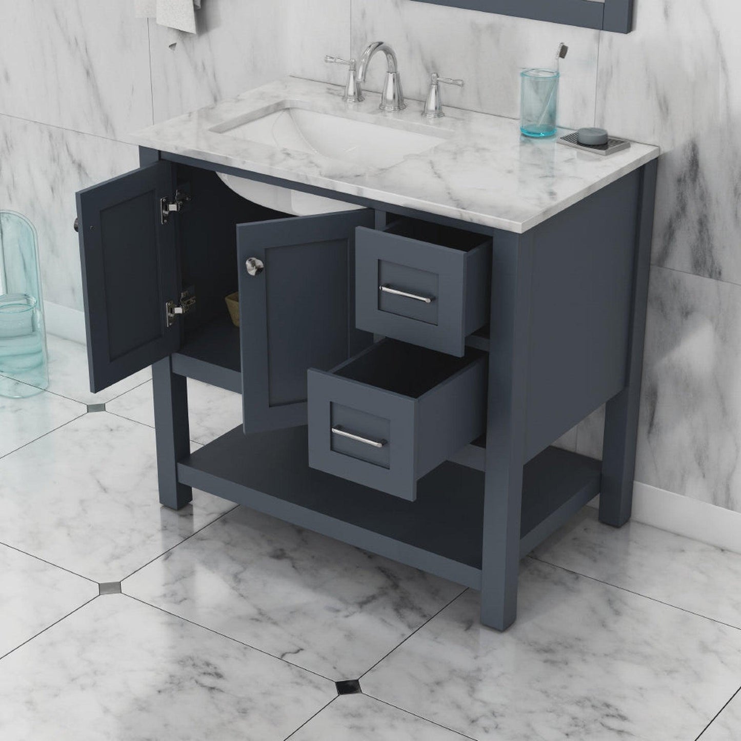 Alya Bath Wilmington 36" Single Gray Freestanding  Bathroom Vanity With Carrara Marble Top, Ceramic Sink and Wall Mounted Mirror - HE-102-36-G-CWMT+HE-101/102-36-G-M