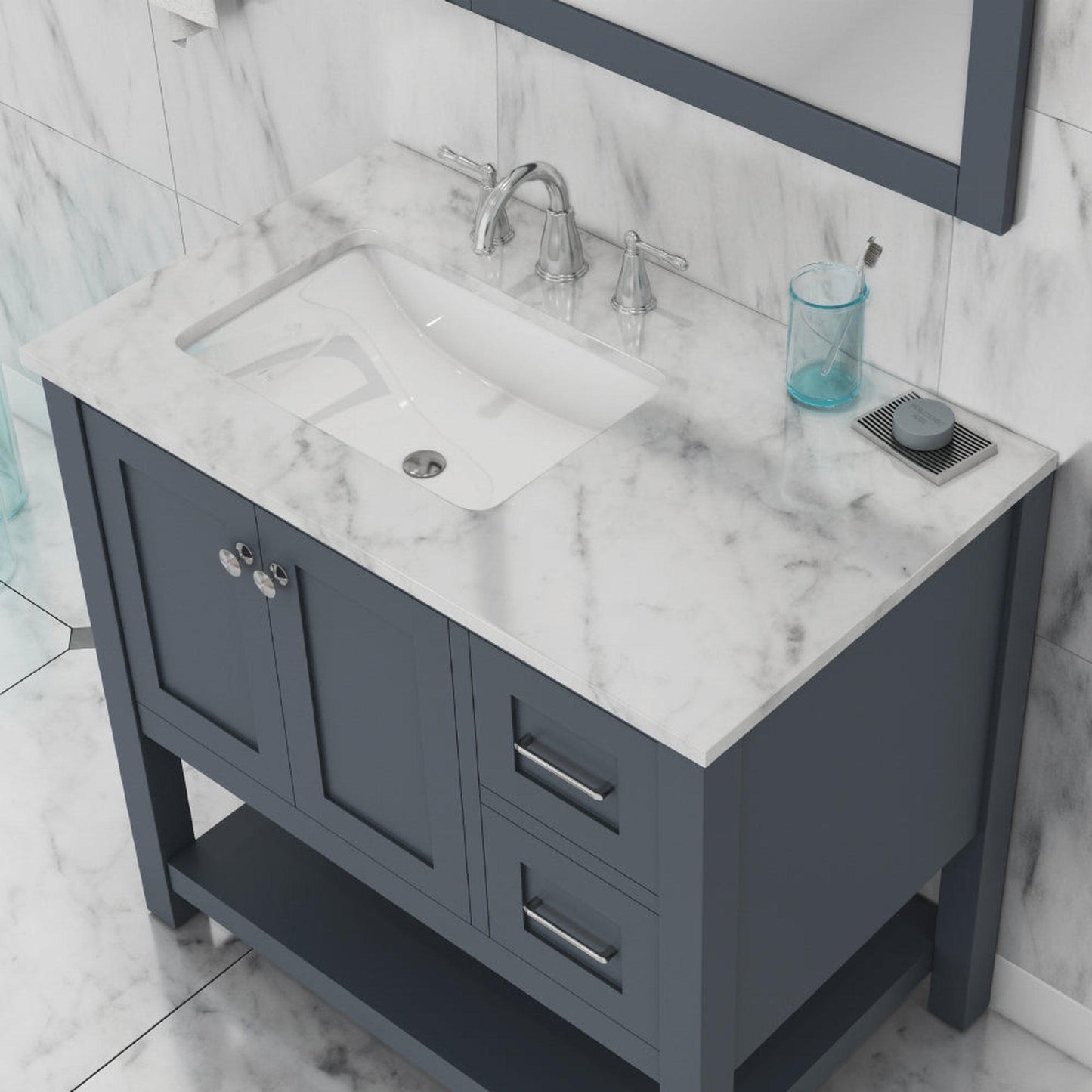 Alya Bath Wilmington 36" Single Gray Freestanding  Bathroom Vanity With Carrara Marble Top, Ceramic Sink and Wall Mounted Mirror - HE-102-36-G-CWMT+HE-101/102-36-G-M