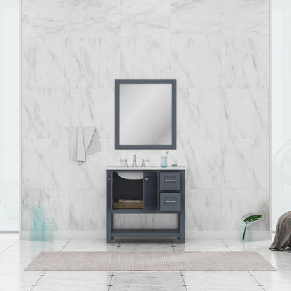 Alya Bath Wilmington 36" Single Gray Freestanding  Bathroom Vanity With Carrara Marble Top, Ceramic Sink and Wall Mounted Mirror - HE-102-36-G-CWMT+HE-101/102-36-G-M