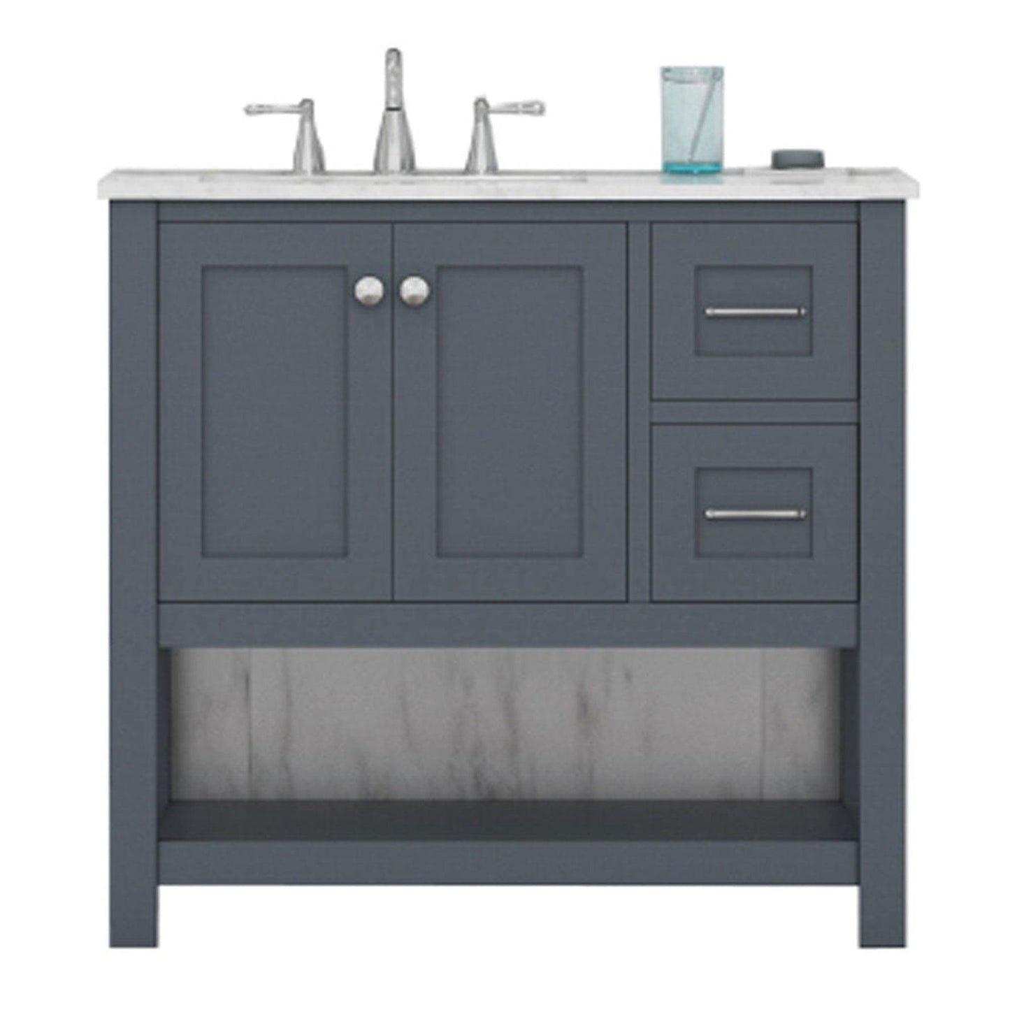 Alya Bath Wilmington 36" Single Gray Freestanding  Bathroom Vanity With Carrara Marble Top, Ceramic Sink and Wall Mounted Mirror - HE-102-36-G-CWMT+HE-101/102-36-G-M