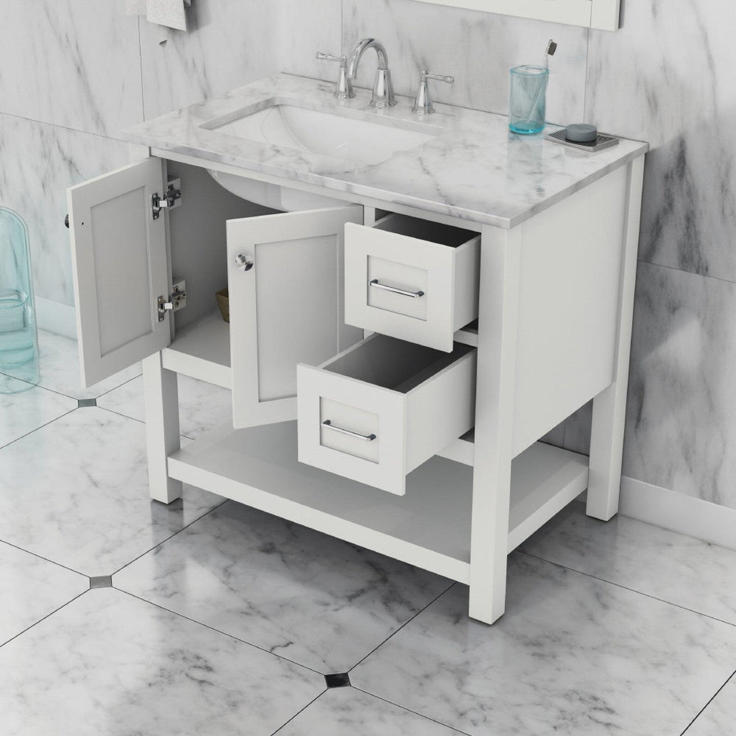 Alya Bath Wilmington 36" Single White Freestanding  Bathroom Vanity With Carrara Marble Top, Ceramic Sink and Wall Mounted Mirror - HE-102-36-W-CWMT+HE-101/102-36-W-M
