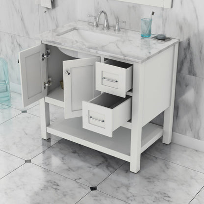 Alya Bath Wilmington 36" Single White Freestanding  Bathroom Vanity With Carrara Marble Top, Ceramic Sink and Wall Mounted Mirror - HE-102-36-W-CWMT+HE-101/102-36-W-M