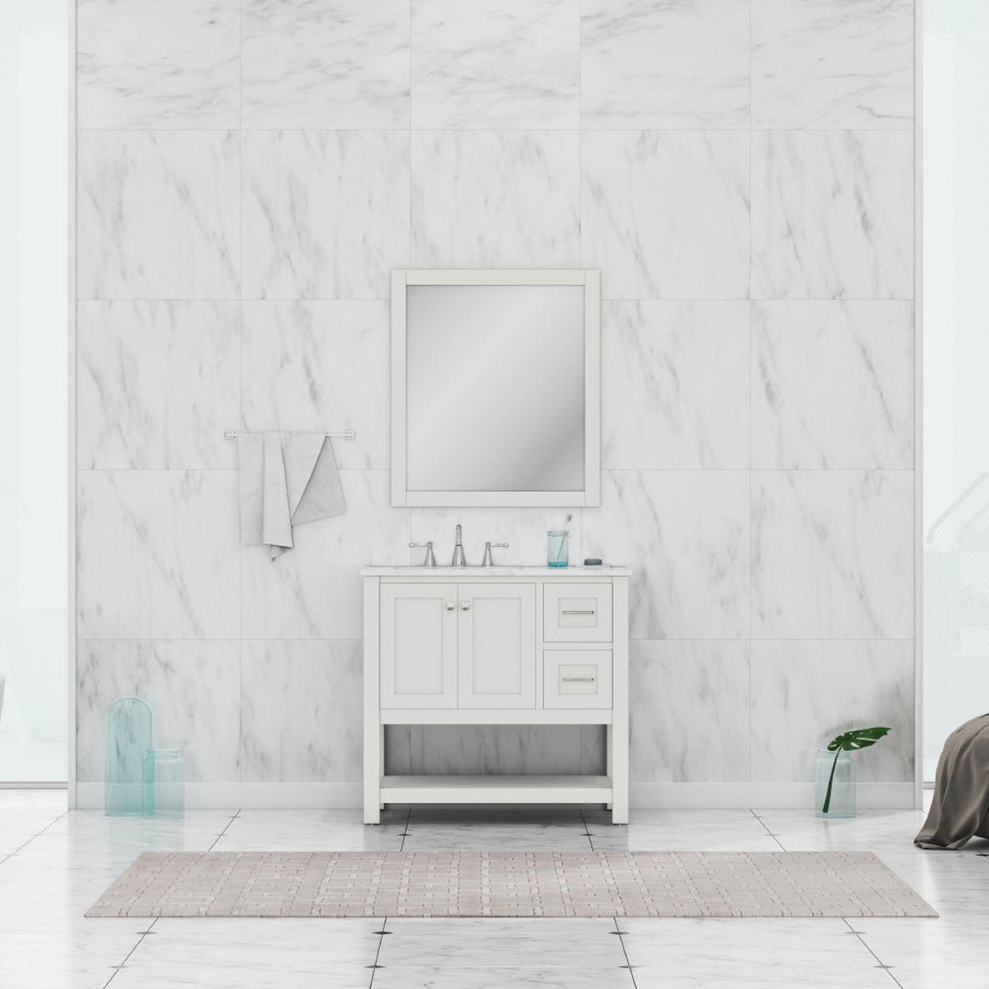 Alya Bath Wilmington 36" Single White Freestanding  Bathroom Vanity With Carrara Marble Top, Ceramic Sink and Wall Mounted Mirror - HE-102-36-W-CWMT+HE-101/102-36-W-M