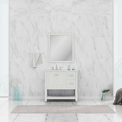 Alya Bath Wilmington 36" Single White Freestanding  Bathroom Vanity With Carrara Marble Top, Ceramic Sink and Wall Mounted Mirror - HE-102-36-W-CWMT+HE-101/102-36-W-M