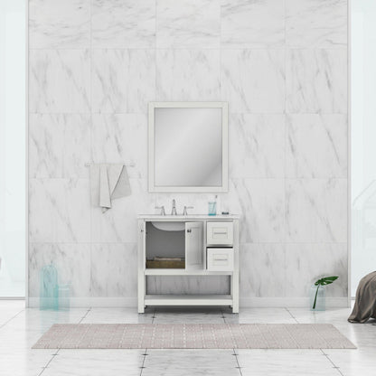 Alya Bath Wilmington 36" Single White Freestanding  Bathroom Vanity With Carrara Marble Top, Ceramic Sink and Wall Mounted Mirror - HE-102-36-W-CWMT+HE-101/102-36-W-M
