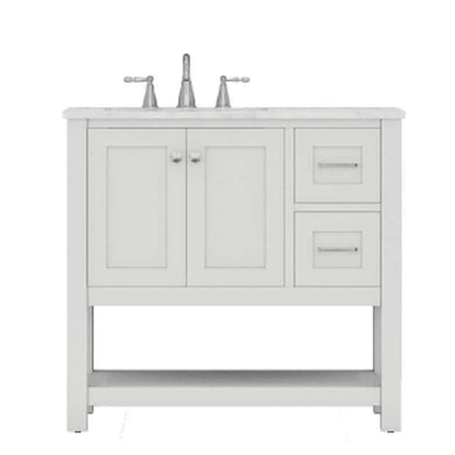Alya Bath Wilmington 36" Single White Freestanding  Bathroom Vanity With Carrara Marble Top, Ceramic Sink and Wall Mounted Mirror - HE-102-36-W-CWMT+HE-101/102-36-W-M
