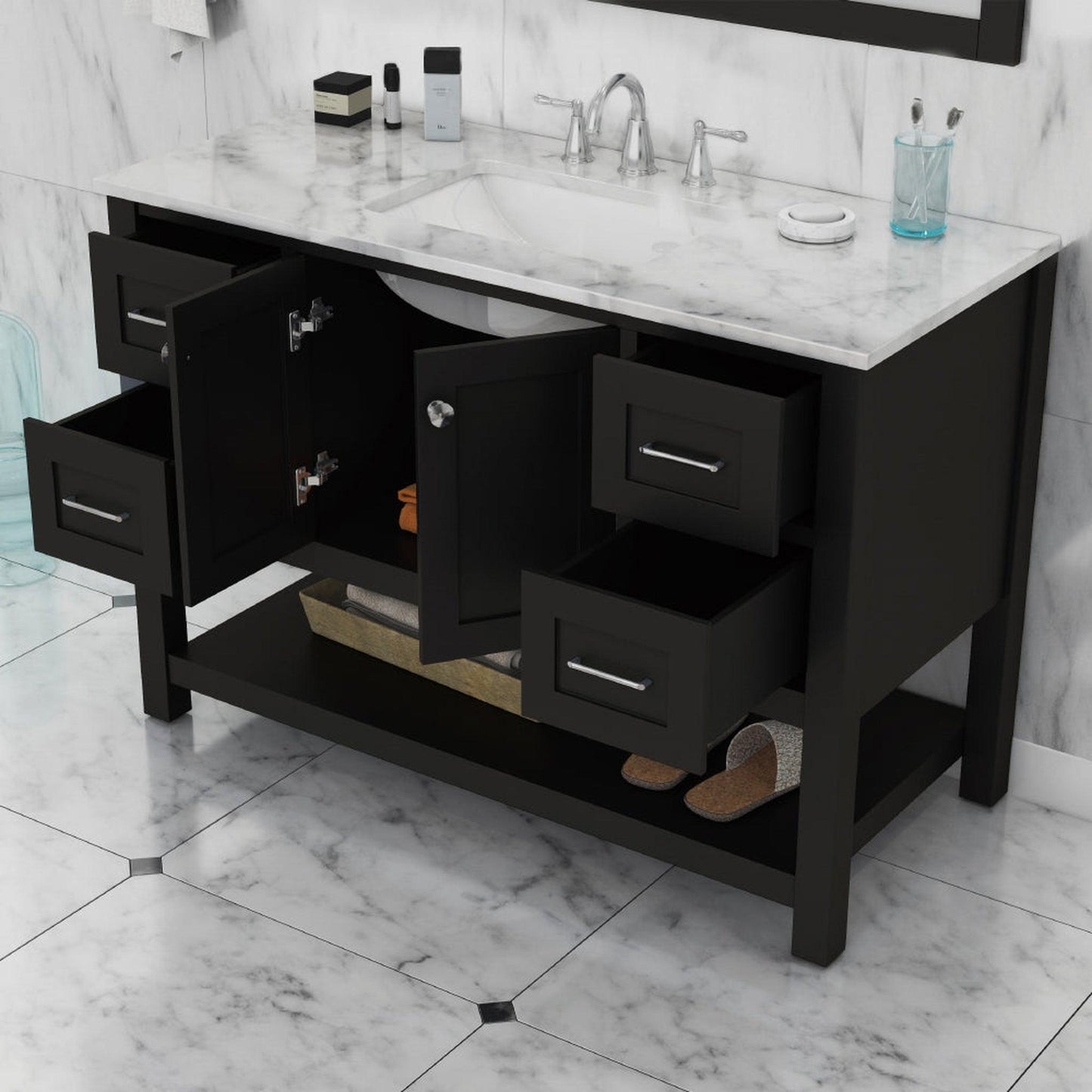 Alya Bath Wilmington 48" Single Espresso Freestanding  Bathroom Vanity With Carrara Marble Top, Ceramic Sink and Wall Mounted Mirror - HE-102-48-E-CWMT+HE-101/102-42-E-M