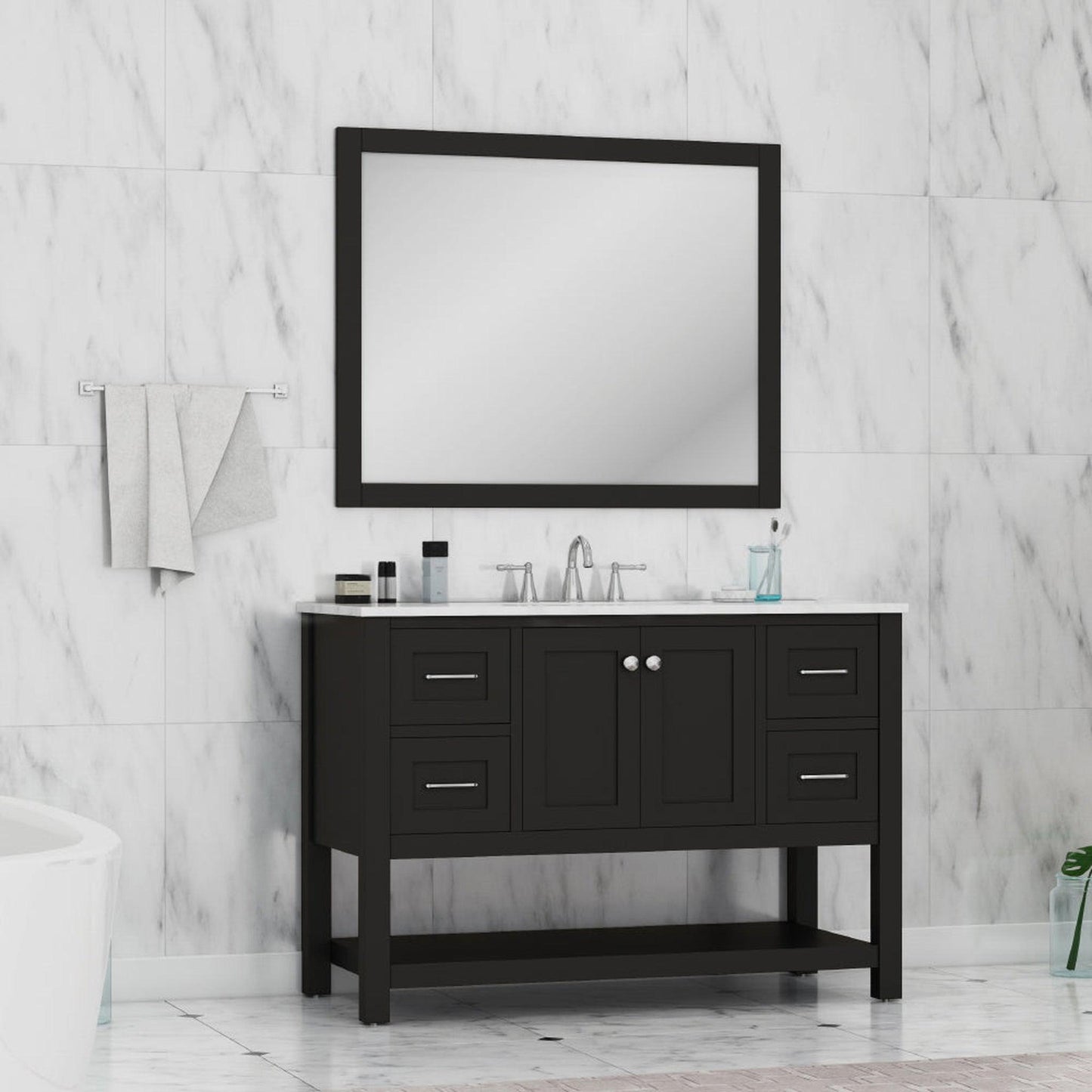 Alya Bath Wilmington 48" Single Espresso Freestanding  Bathroom Vanity With Carrara Marble Top, Ceramic Sink and Wall Mounted Mirror - HE-102-48-E-CWMT+HE-101/102-42-E-M