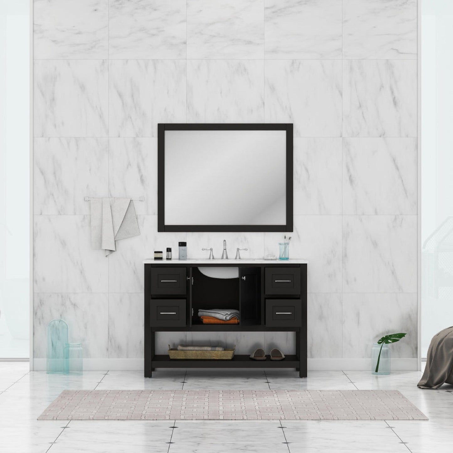 Alya Bath Wilmington 48" Single Espresso Freestanding  Bathroom Vanity With Carrara Marble Top, Ceramic Sink and Wall Mounted Mirror - HE-102-48-E-CWMT+HE-101/102-42-E-M