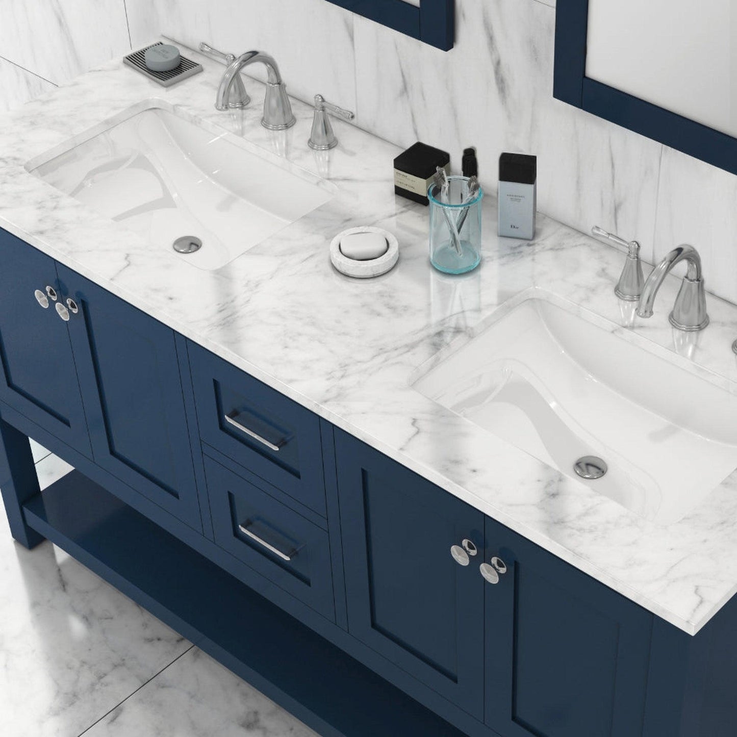 Alya Bath Wilmington 60" Double Blue Freestanding  Bathroom Vanity With Carrara Marble Top, Ceramic Sink and Wall Mounted Mirror - HE-102-60D-B-CWMT+2x HE-101/102-24-B-M