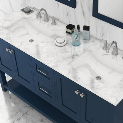 Alya Bath Wilmington 60" Double Blue Freestanding  Bathroom Vanity With Carrara Marble Top, Ceramic Sink and Wall Mounted Mirror - HE-102-60D-B-CWMT+2x HE-101/102-24-B-M