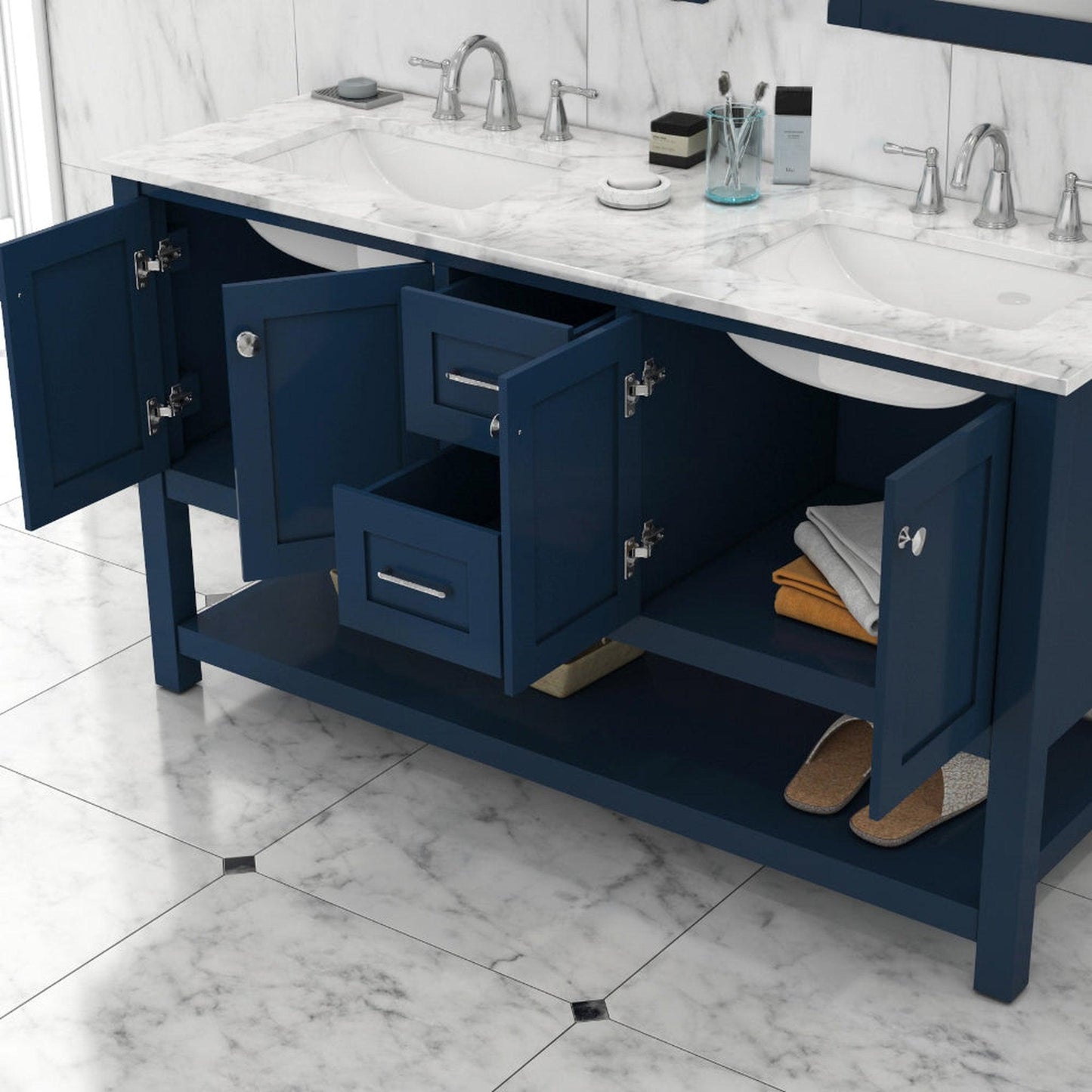 Alya Bath Wilmington 60" Double Blue Freestanding  Bathroom Vanity With Carrara Marble Top, Ceramic Sink and Wall Mounted Mirror - HE-102-60D-B-CWMT+2x HE-101/102-24-B-M