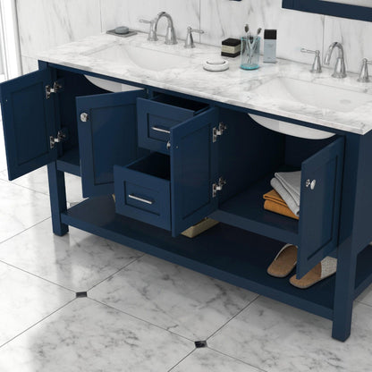 Alya Bath Wilmington 60" Double Blue Freestanding  Bathroom Vanity With Carrara Marble Top, Ceramic Sink and Wall Mounted Mirror - HE-102-60D-B-CWMT+2x HE-101/102-24-B-M