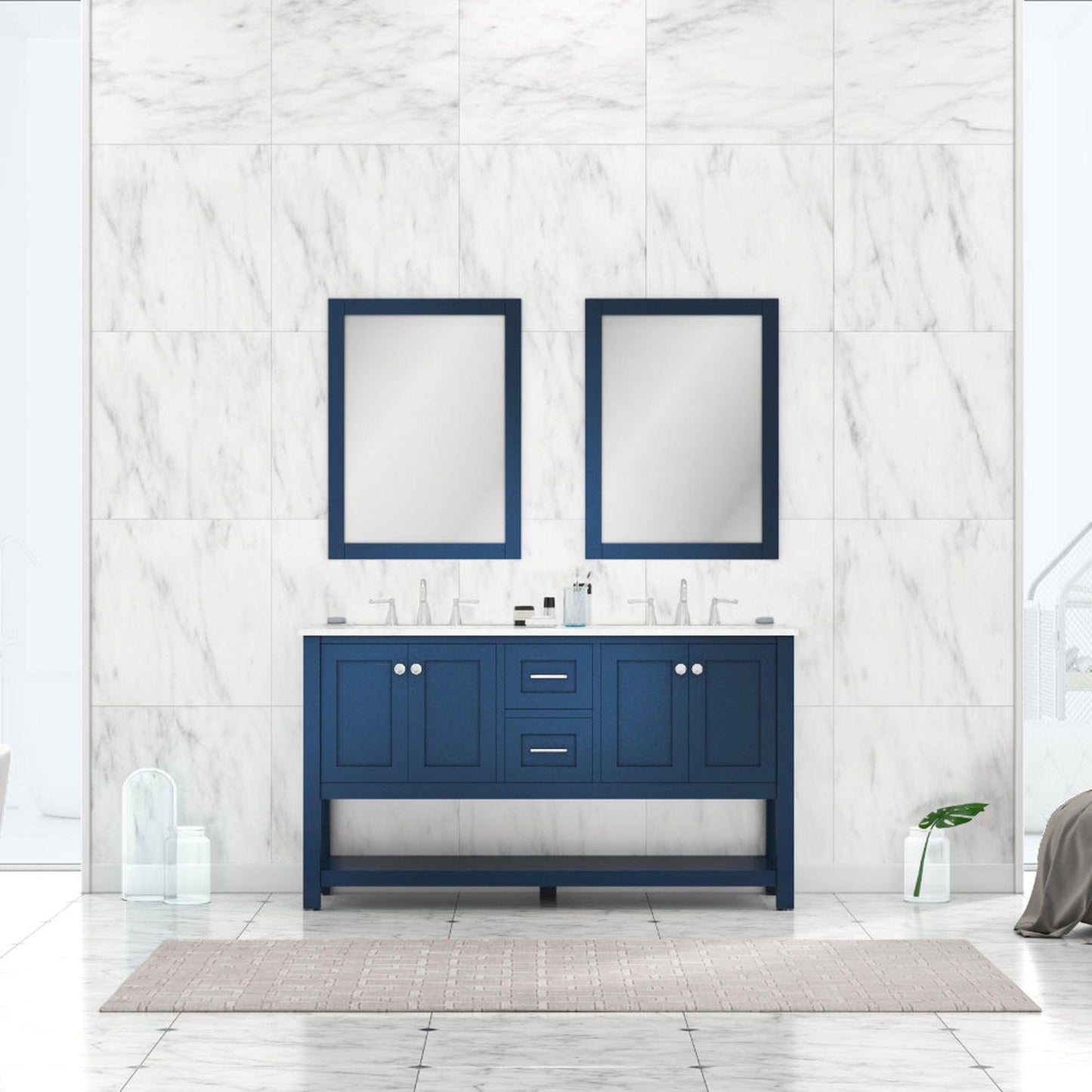Alya Bath Wilmington 60" Double Blue Freestanding  Bathroom Vanity With Carrara Marble Top, Ceramic Sink and Wall Mounted Mirror - HE-102-60D-B-CWMT+2x HE-101/102-24-B-M