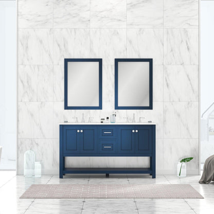 Alya Bath Wilmington 60" Double Blue Freestanding  Bathroom Vanity With Carrara Marble Top, Ceramic Sink and Wall Mounted Mirror - HE-102-60D-B-CWMT+2x HE-101/102-24-B-M